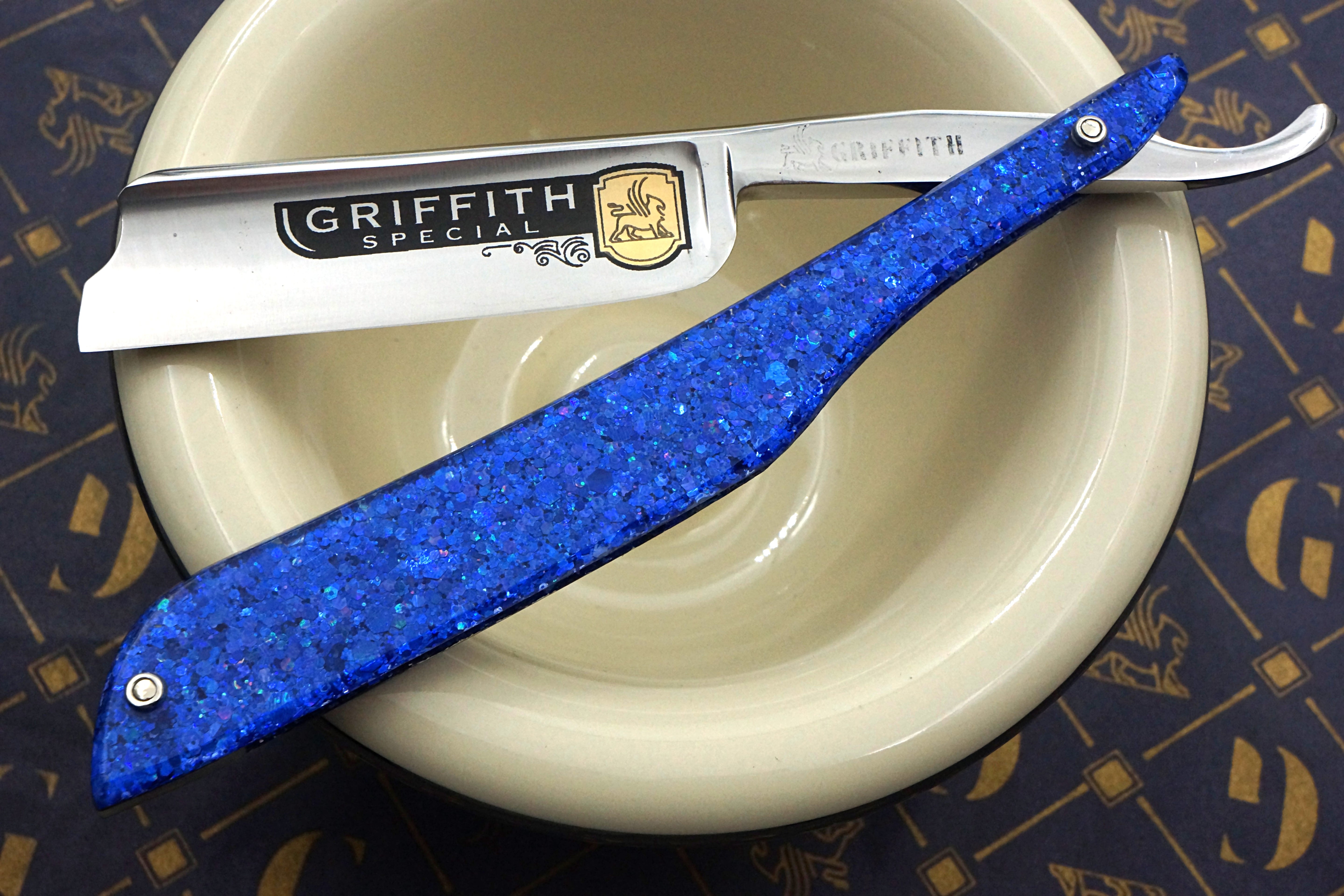 Griffith 13/16 Silver Steel Full Hollow Etched Blade - Leviathan Sparkle Acrylic Scales Artisan Straight Razor - Shave Ready