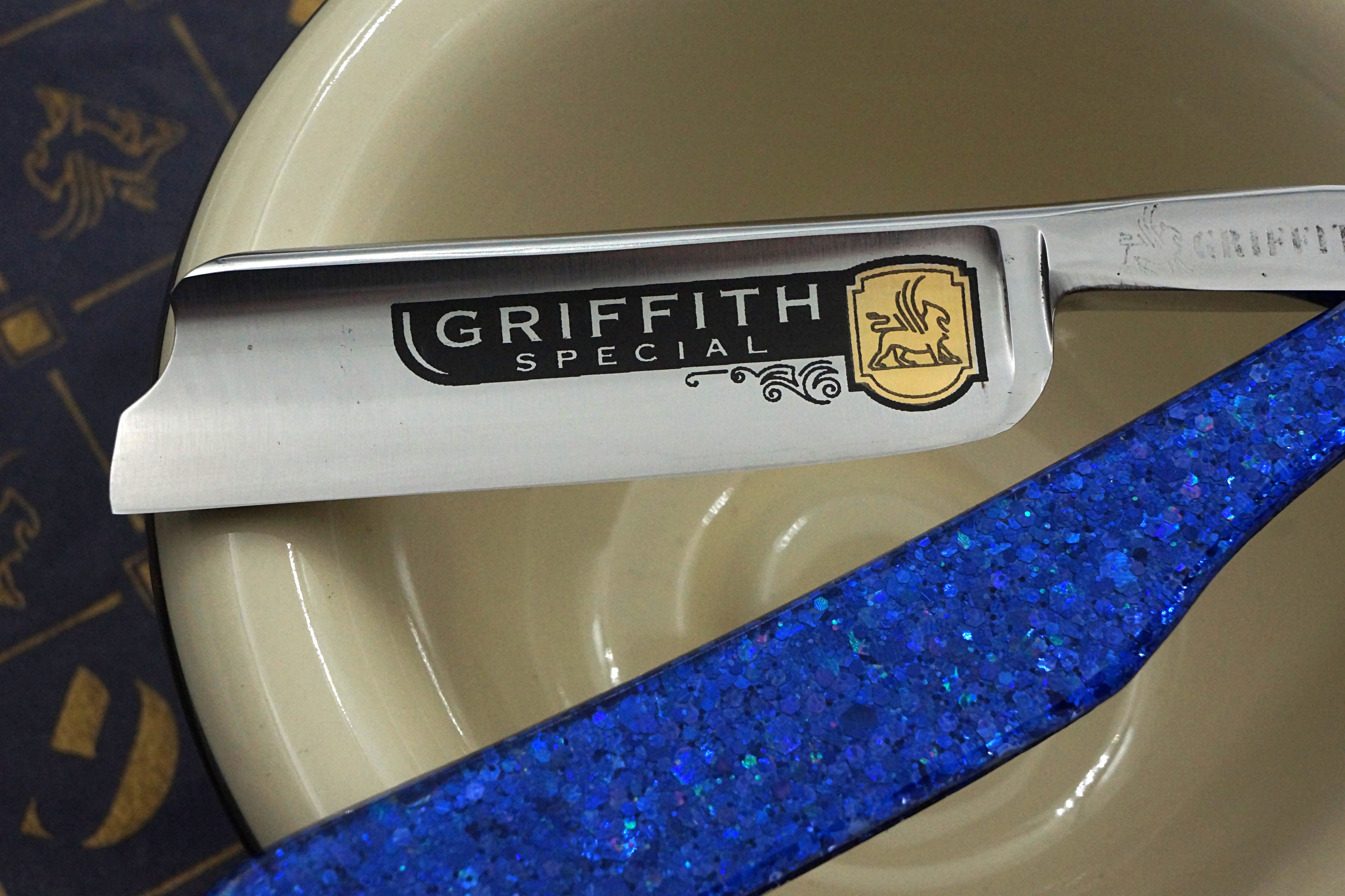 Griffith 13/16 Silver Steel Full Hollow Etched Blade - Leviathan Sparkle Acrylic Scales Artisan Straight Razor - Shave Ready