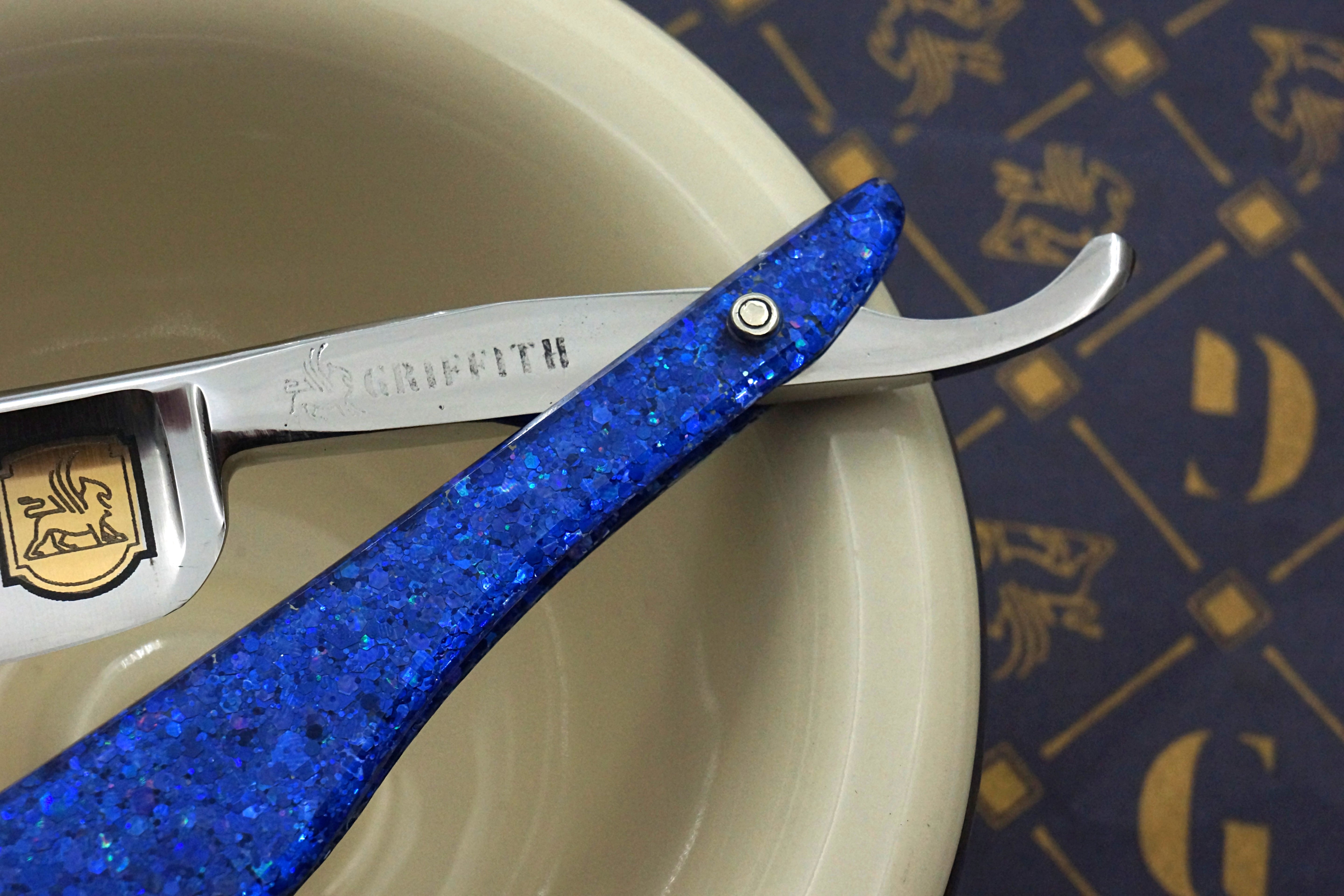 Griffith 13/16 Silver Steel Full Hollow Etched Blade - Leviathan Sparkle Acrylic Scales Artisan Straight Razor - Shave Ready