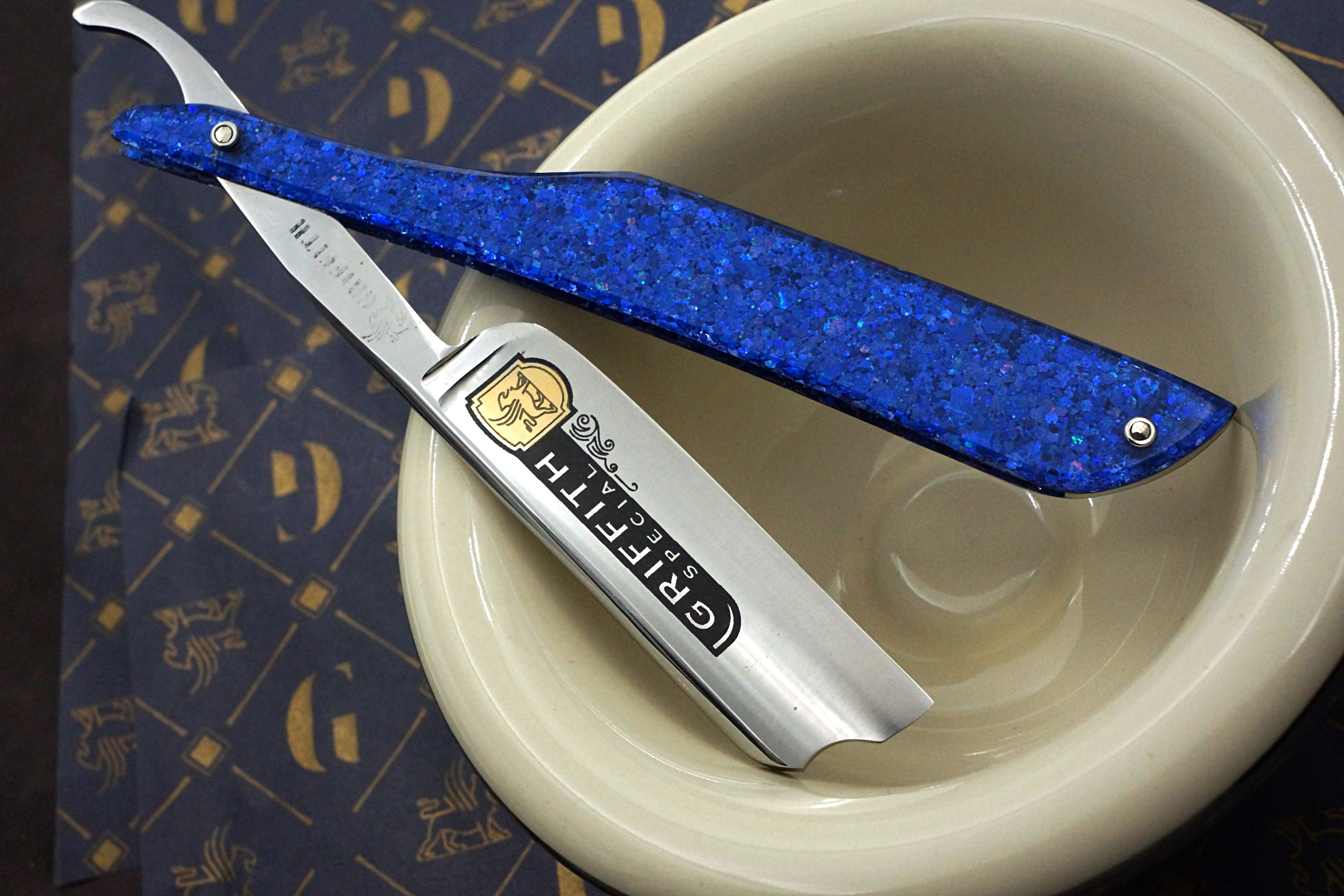 Griffith 13/16 Silver Steel Full Hollow Etched Blade - Leviathan Sparkle Acrylic Scales Artisan Straight Razor - Shave Ready