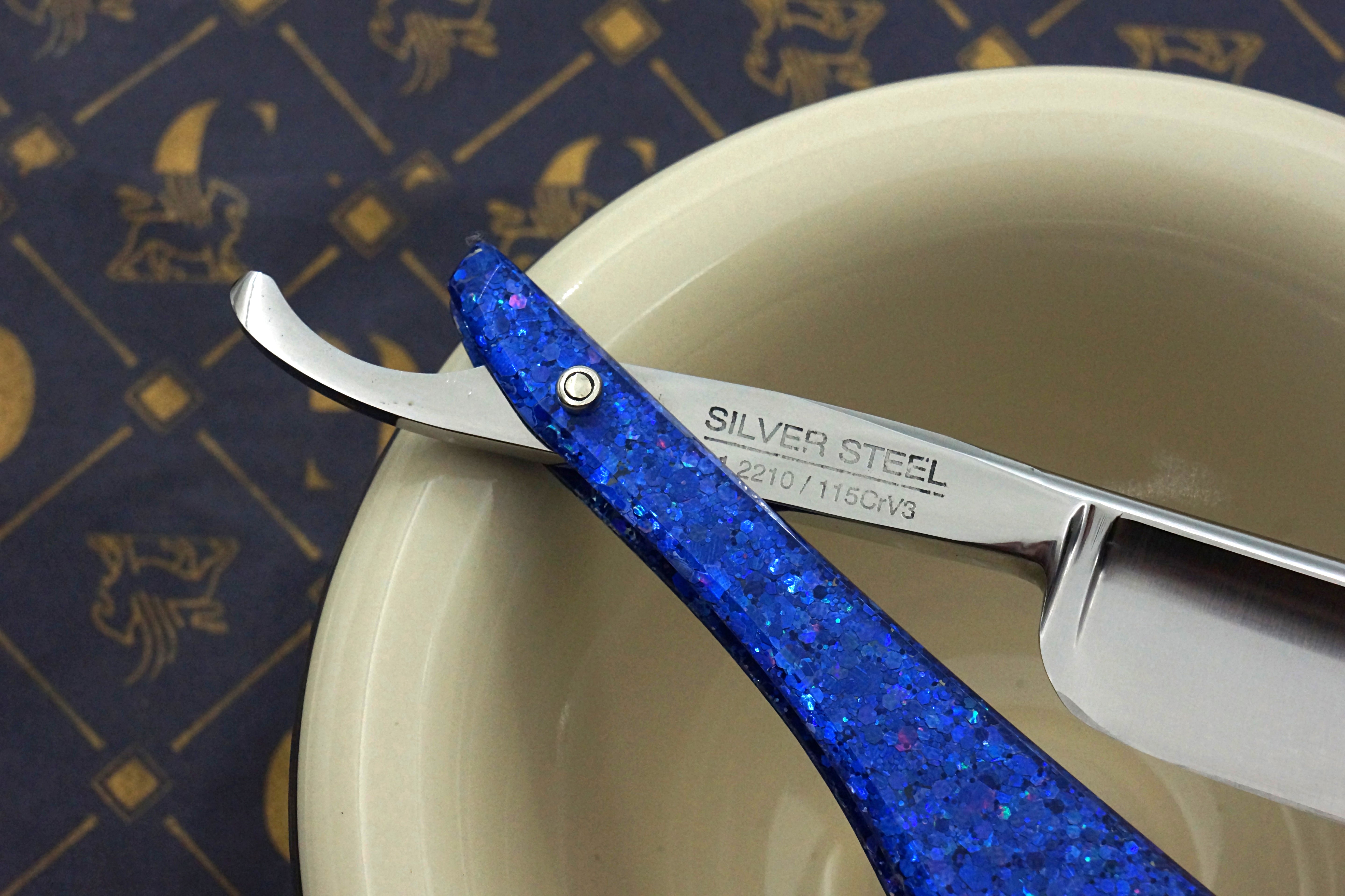 Griffith 13/16 Silver Steel Full Hollow Etched Blade - Leviathan Sparkle Acrylic Scales Artisan Straight Razor - Shave Ready