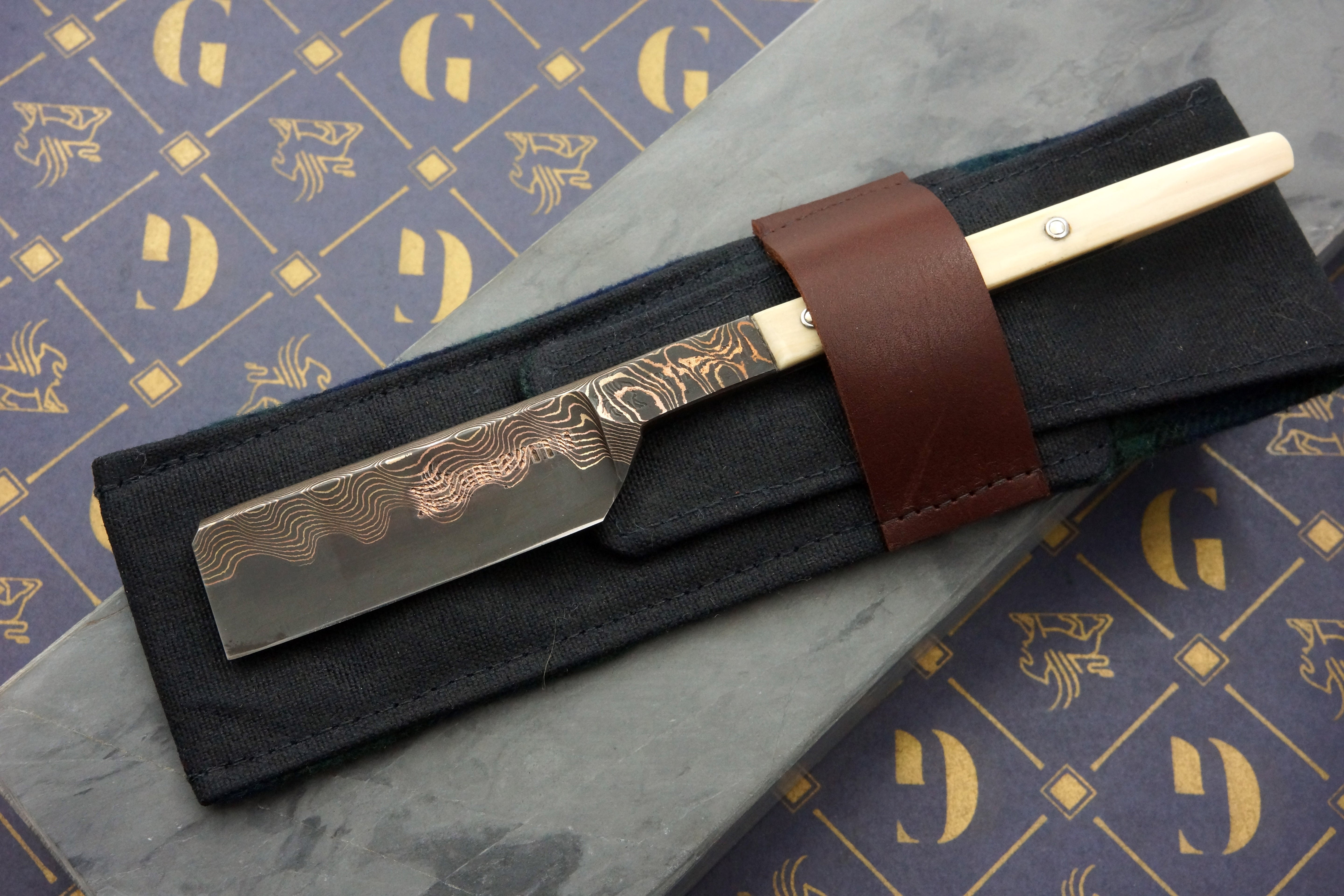 Griffith 18mm Copper & Bronze Damascus San Mai Kamisori with Mammoth Ivory Tang Artisan Razor