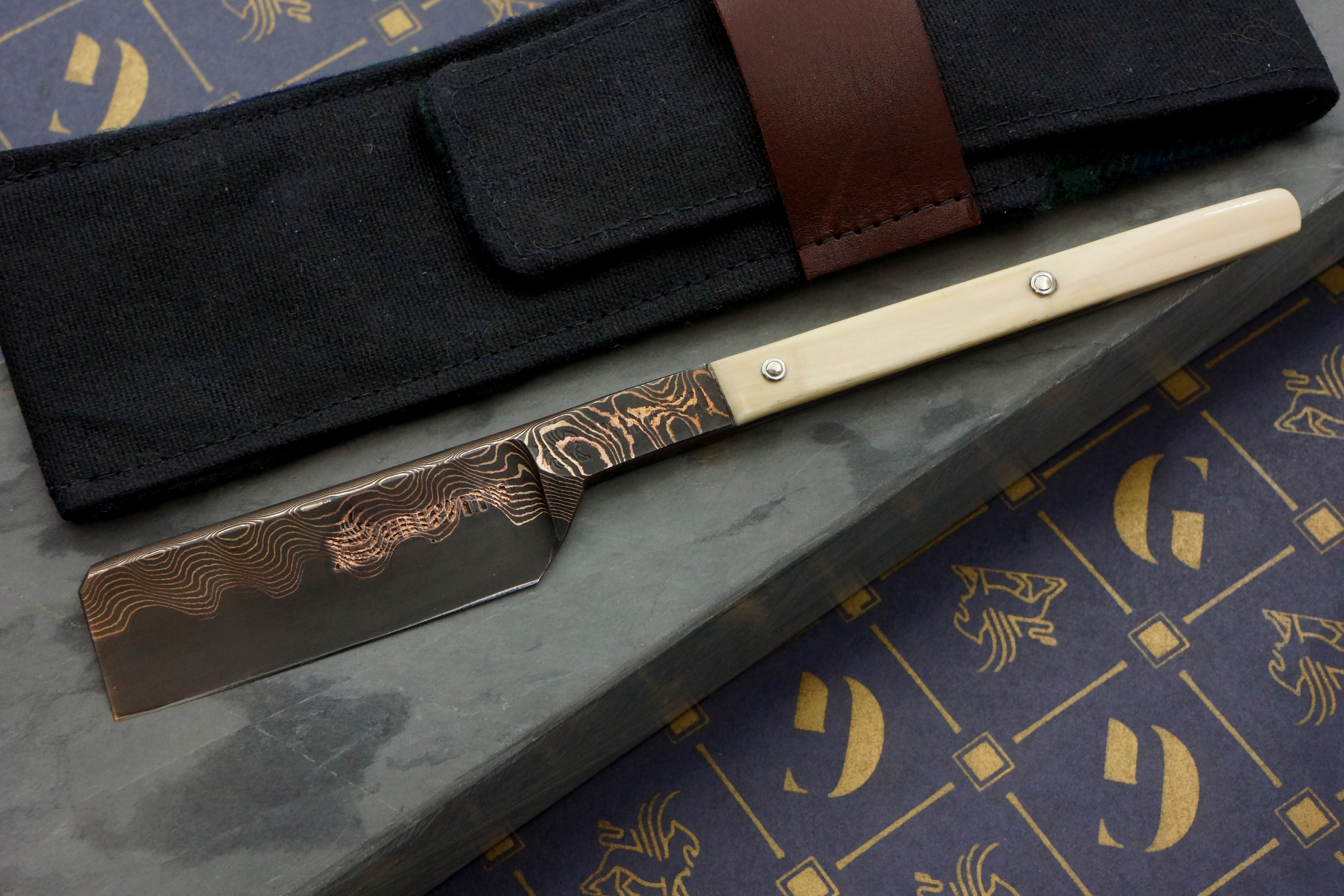 Griffith 18mm Copper & Bronze Damascus San Mai Kamisori with Mammoth Ivory Tang Artisan Razor