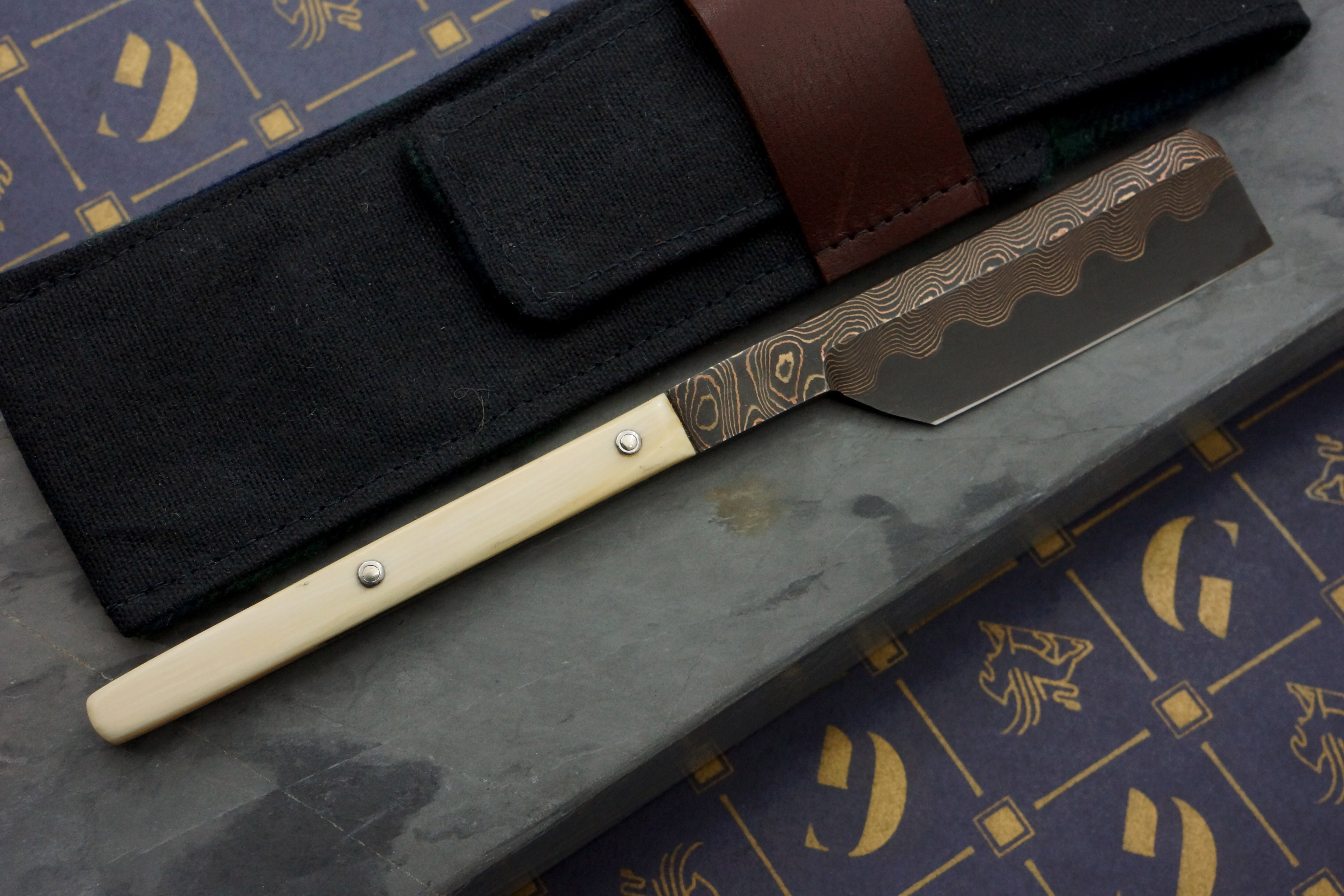 Griffith 18mm Copper & Bronze Damascus San Mai Kamisori with Mammoth Ivory Tang Artisan Razor