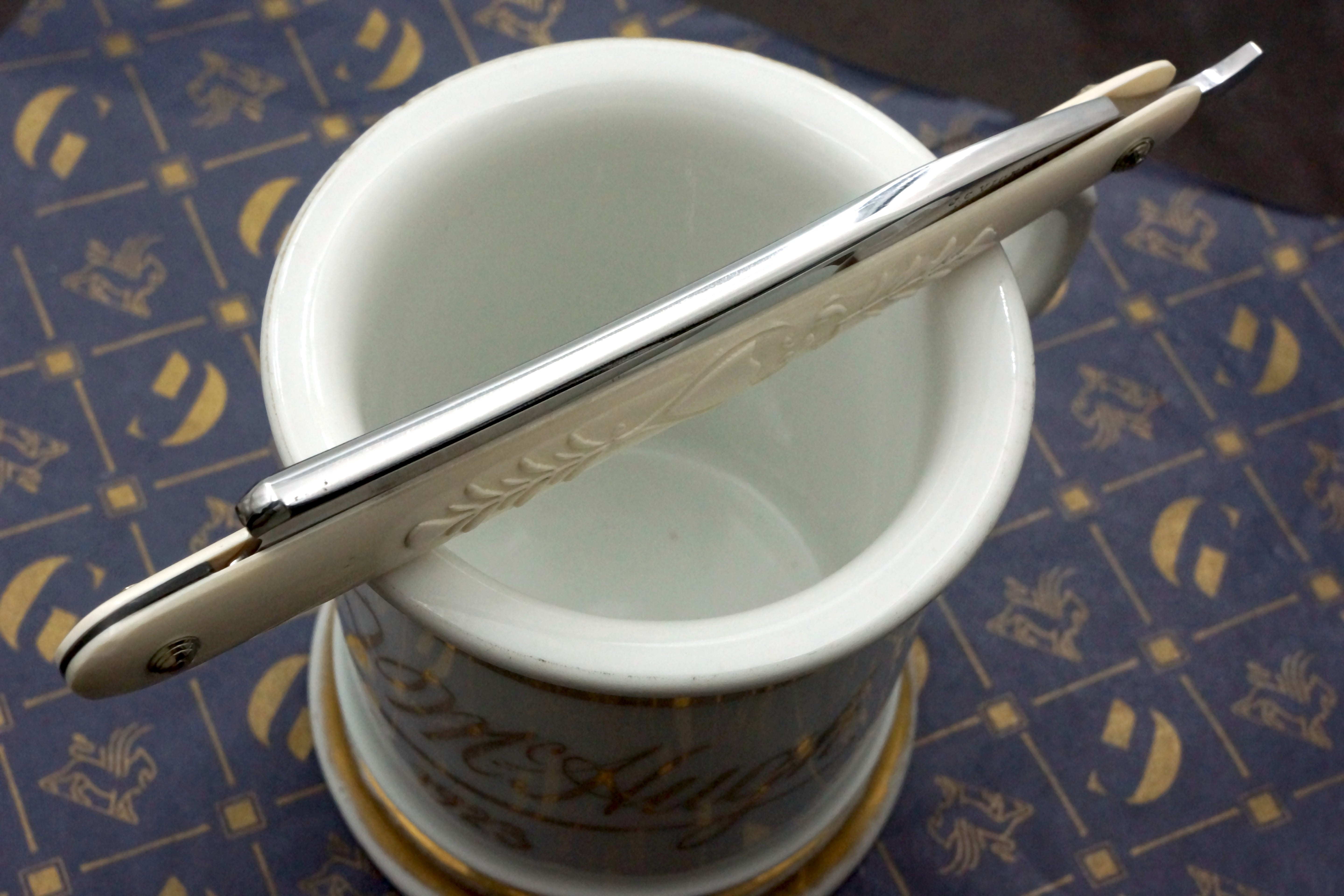 J.C. Vickery Regent St. 6/8 Blade with Fancy Carved Mammoth Ivory Scales Sheffield Straight Razor - Shave Ready