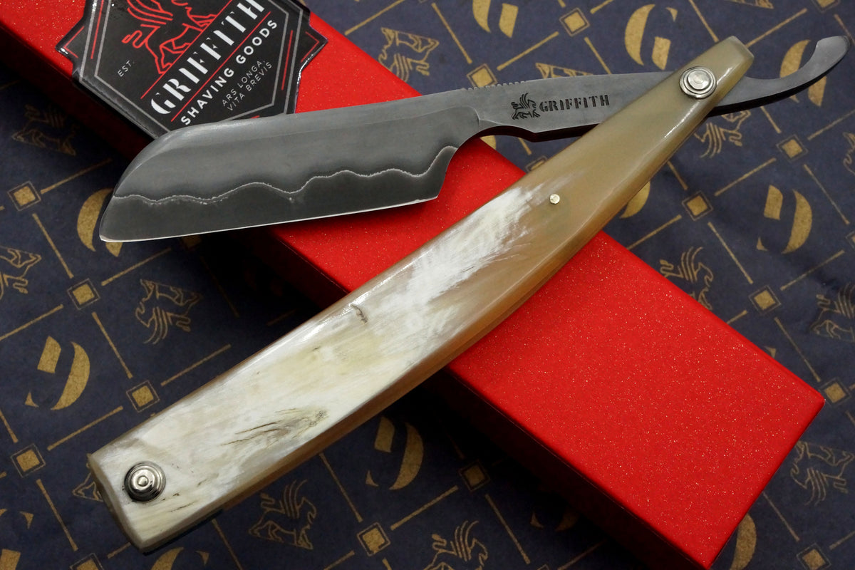 Griffith 15/16 Blue Steel & Stainless San Mai Quarter Hollow - Horn Scales Artisan Straight Razor