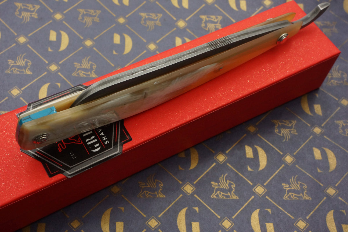 Griffith 15/16 Blue Steel & Stainless San Mai Quarter Hollow - Horn Scales Artisan Straight Razor