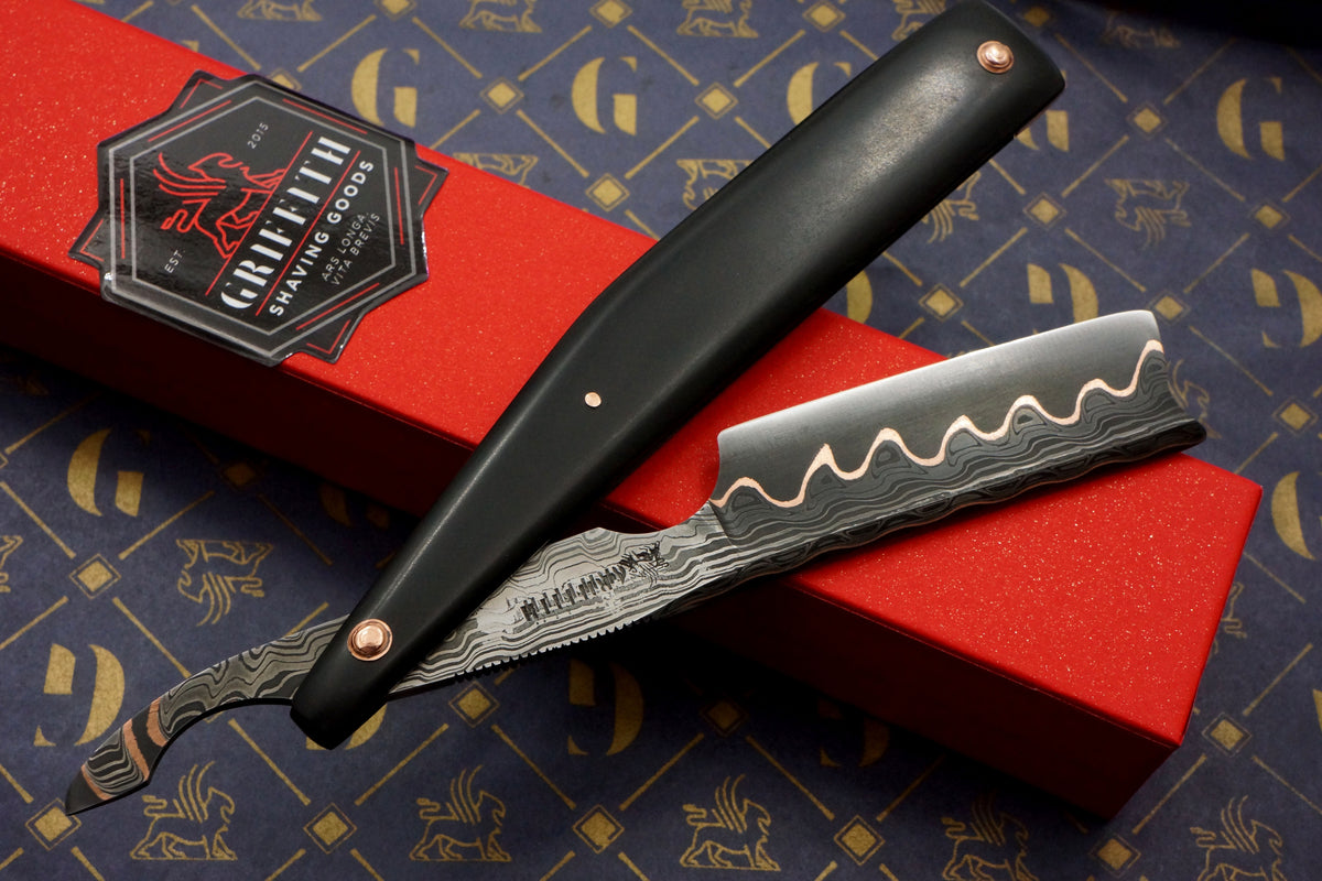 Griffith 15/16 Copper & Damascus San Mai Quarter Hollow - Paper Micarta Scales Artisan Straight Razor
