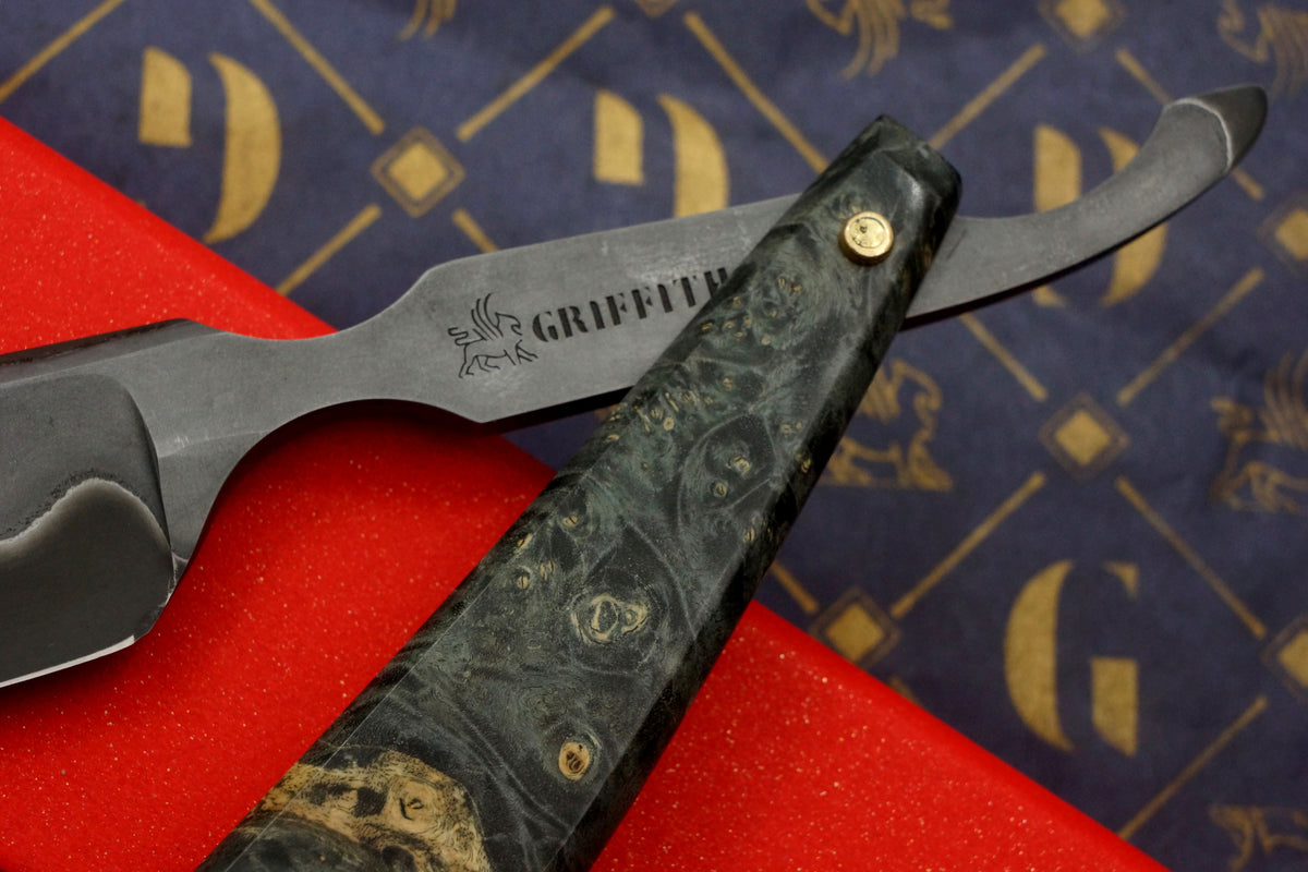 Griffith 7/8 Blue Steel & Stainless San Mai Quarter Hollow - Burl Scales Artisan Straight Razor
