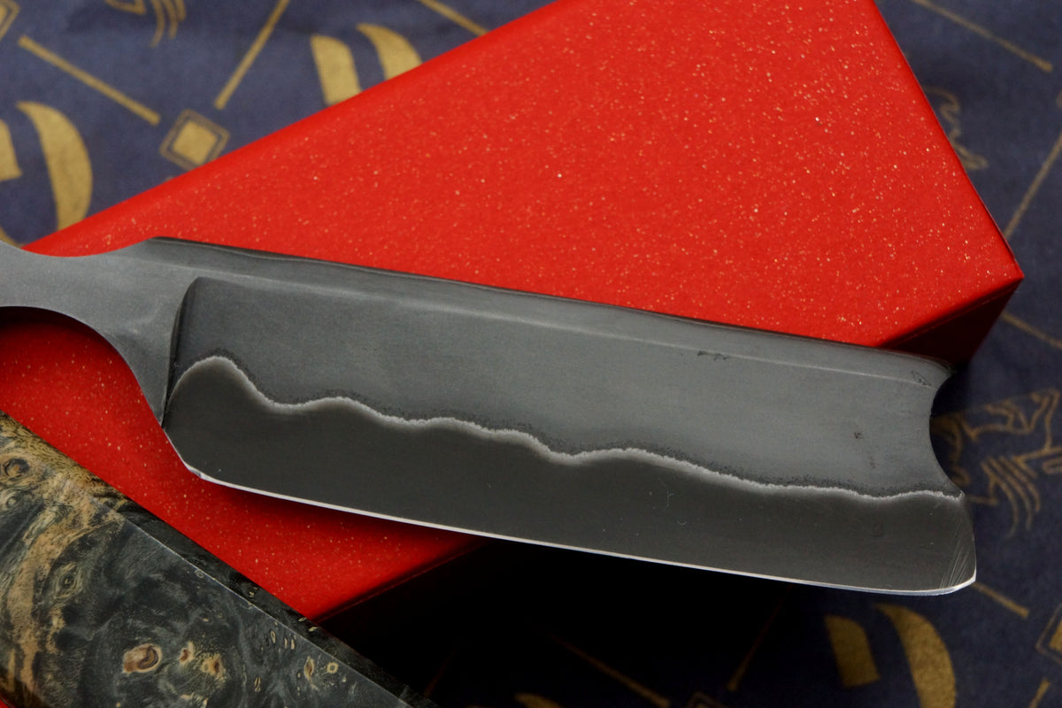 Griffith 7/8 Blue Steel & Stainless San Mai Quarter Hollow - Burl Scales Artisan Straight Razor