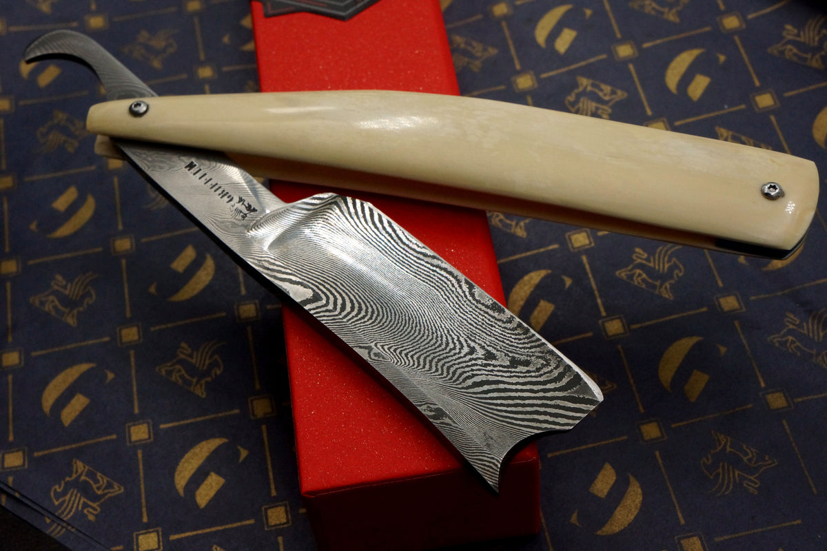 Griffith 19/16 Damascus Quarter Hollow - Mammoth Ivory Scales Artisan Straight Razor