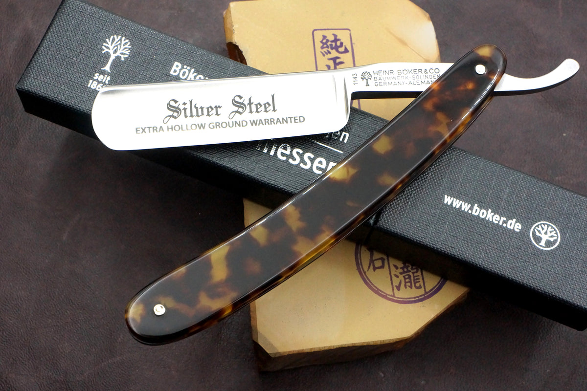 Rasoir droit Boker « Silver Steel » 6/8 à lame creuse avec écailles en wengé - Rasoir droit Solingen d'occasion - Prêt à raser