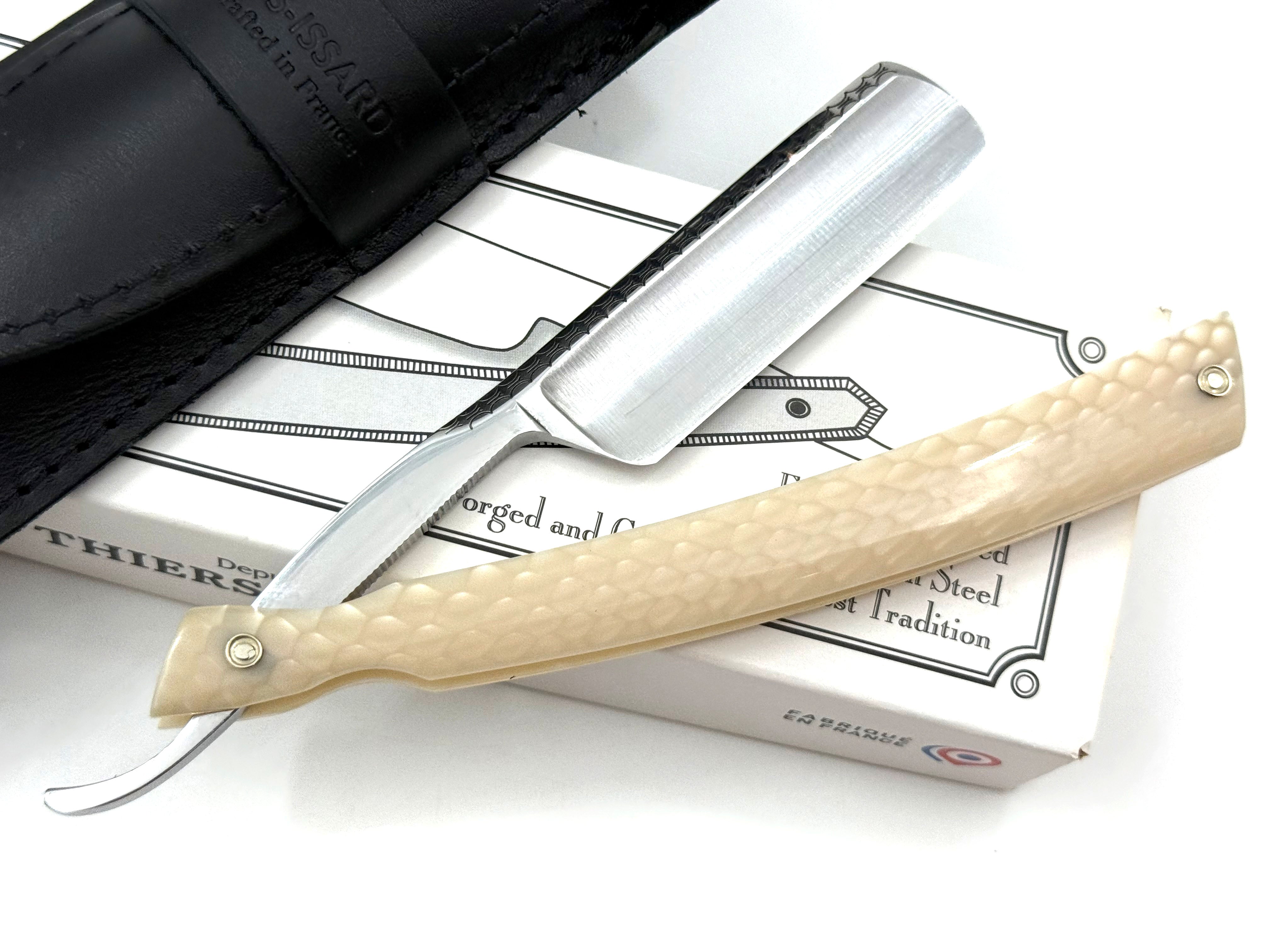 Thiers Issard 6/8 "Smart Razor" Engraved Spine & Etched Blade Juma Scales - Full Hollow Straight Razor