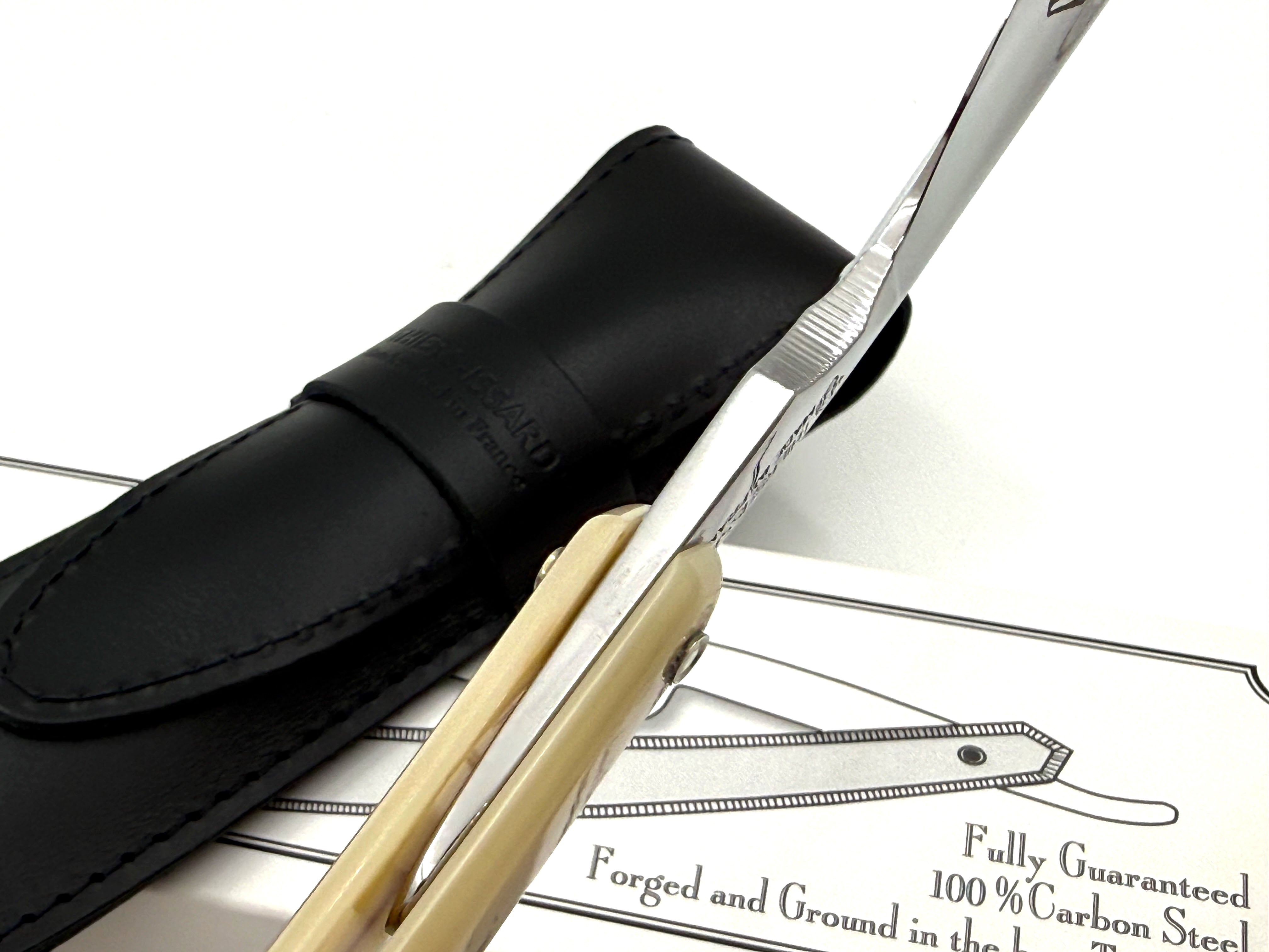 Thiers Issard 7/8 Square Tip with Sheep and Wolf Etch - Blonde Horn Scales - Full Hollow Straight Razor