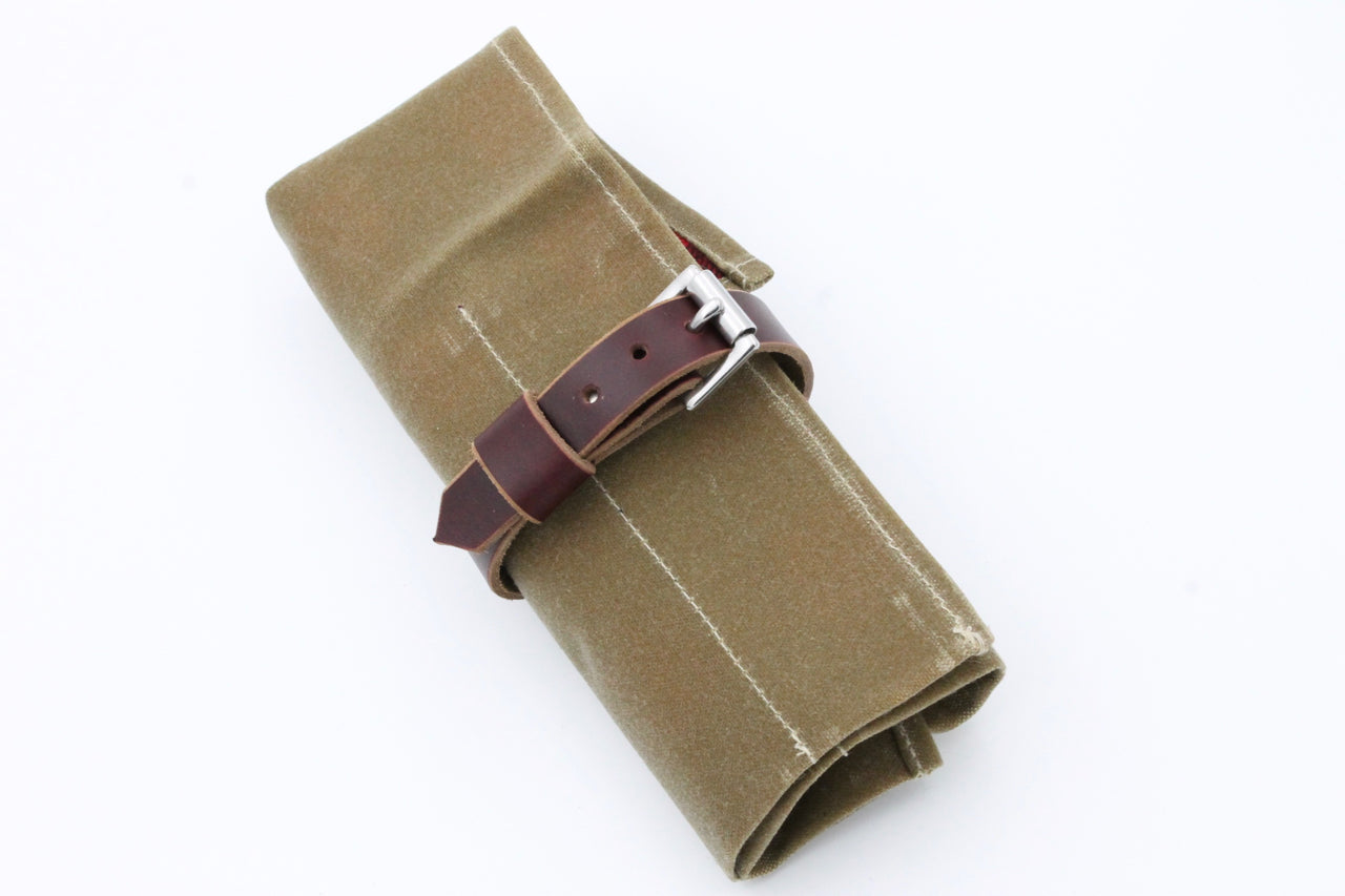Deluxe Waxed Canvas & Cotton Flannel Lined 7 Straight Razor Storage Roll - Tan