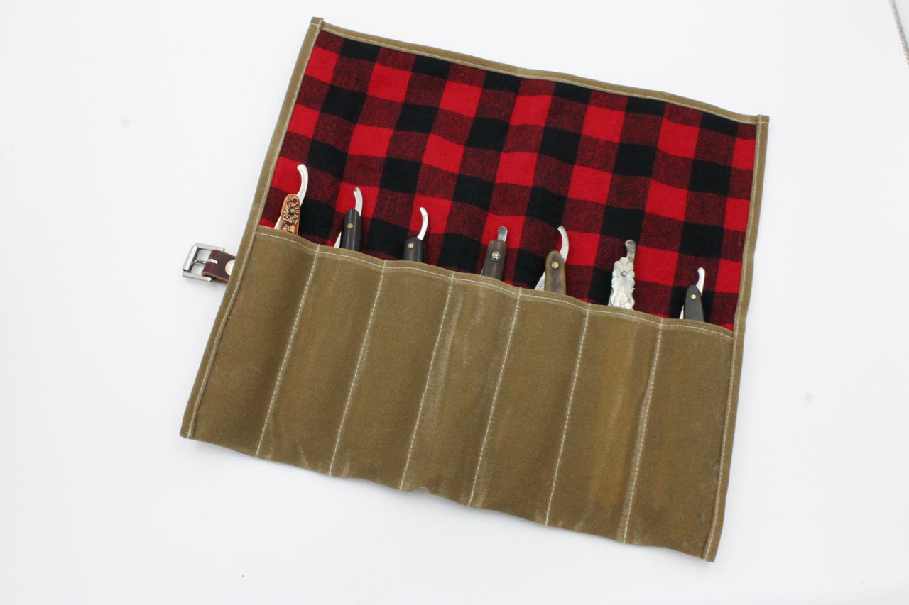 Deluxe Waxed Canvas & Cotton Flannel Lined 7 Straight Razor Storage Roll - Tan