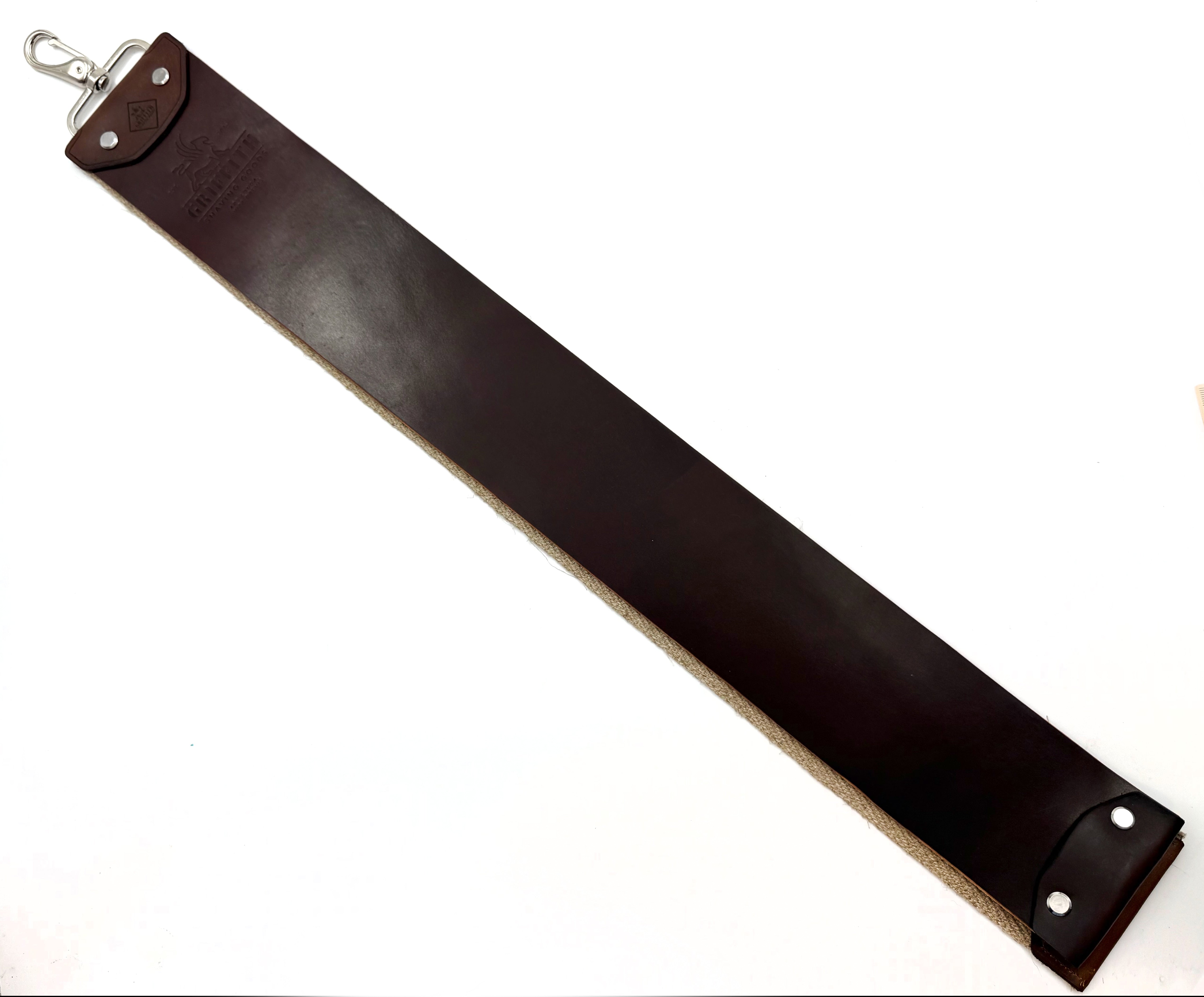 Griffith Shaving Goods Shell Cordovan & Flax Linen - 3 Inch Wide Barber Style Razor Strop