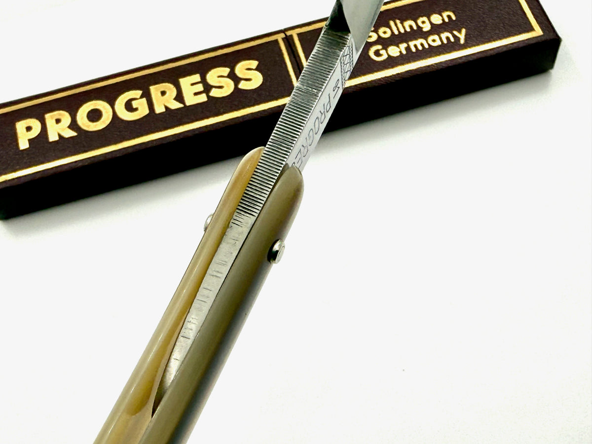 "Progress" - NOS 15/16 Full Hollow Blade - Blonde Horn Scales Vintage Solingen Straight Razor - Shave Ready
