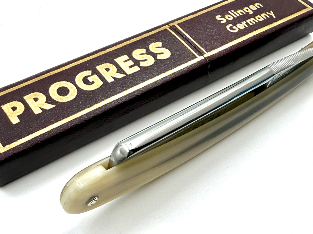 "Progress" - NOS 15/16 Full Hollow Blade - Blonde Horn Scales Vintage Solingen Straight Razor - Shave Ready