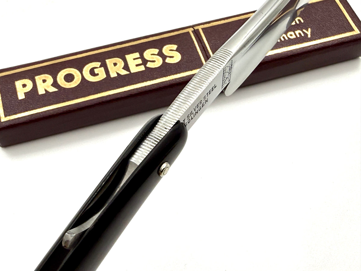 "Progress" - NOS 15/16 Full Hollow Blade - Black Horn Scales Vintage Solingen Straight Razor - Shave Ready (Copy)