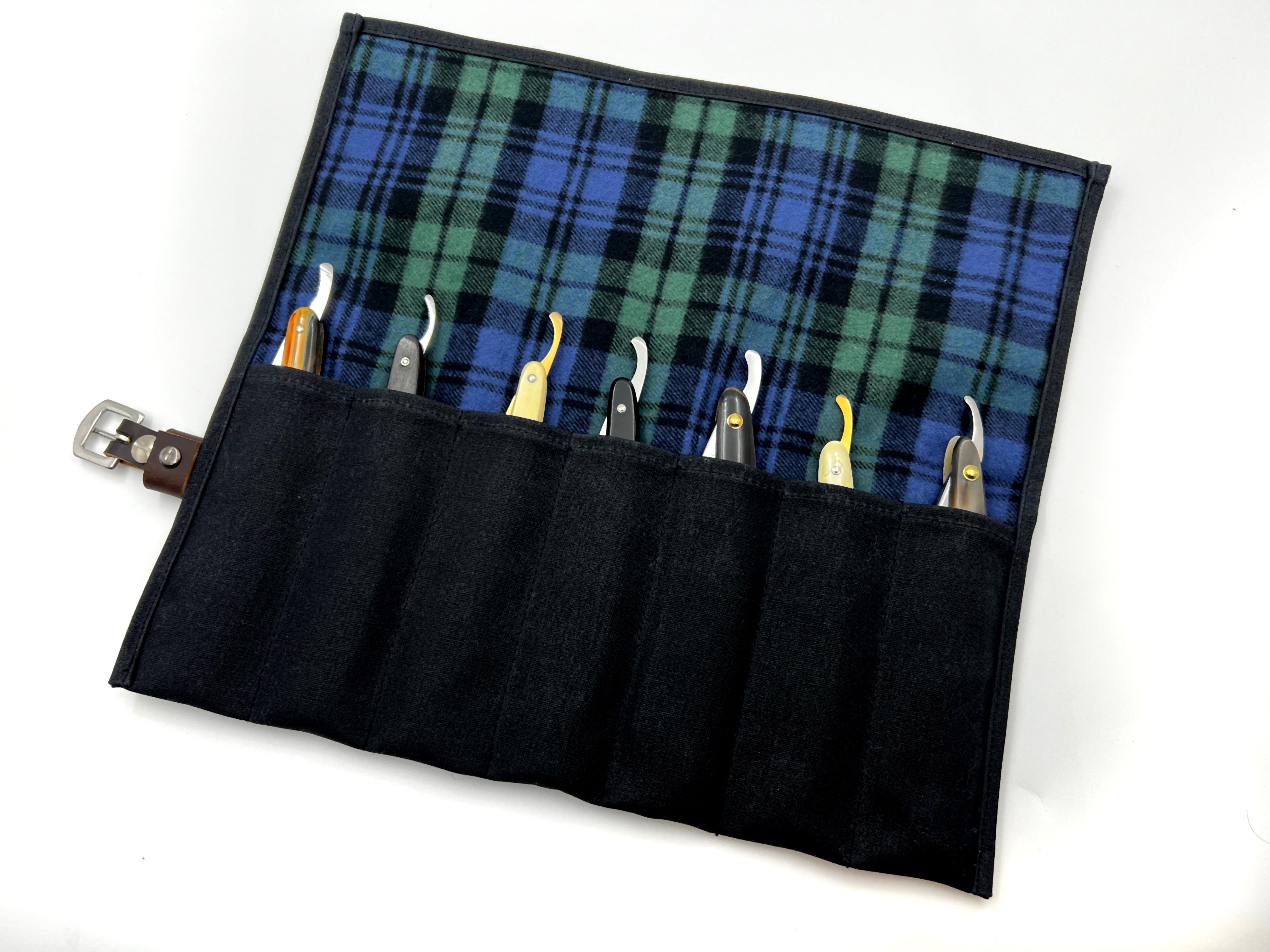 Deluxe Waxed Canvas & Cotton Flannel Lined 7 Straight Razor Storage Roll - Black