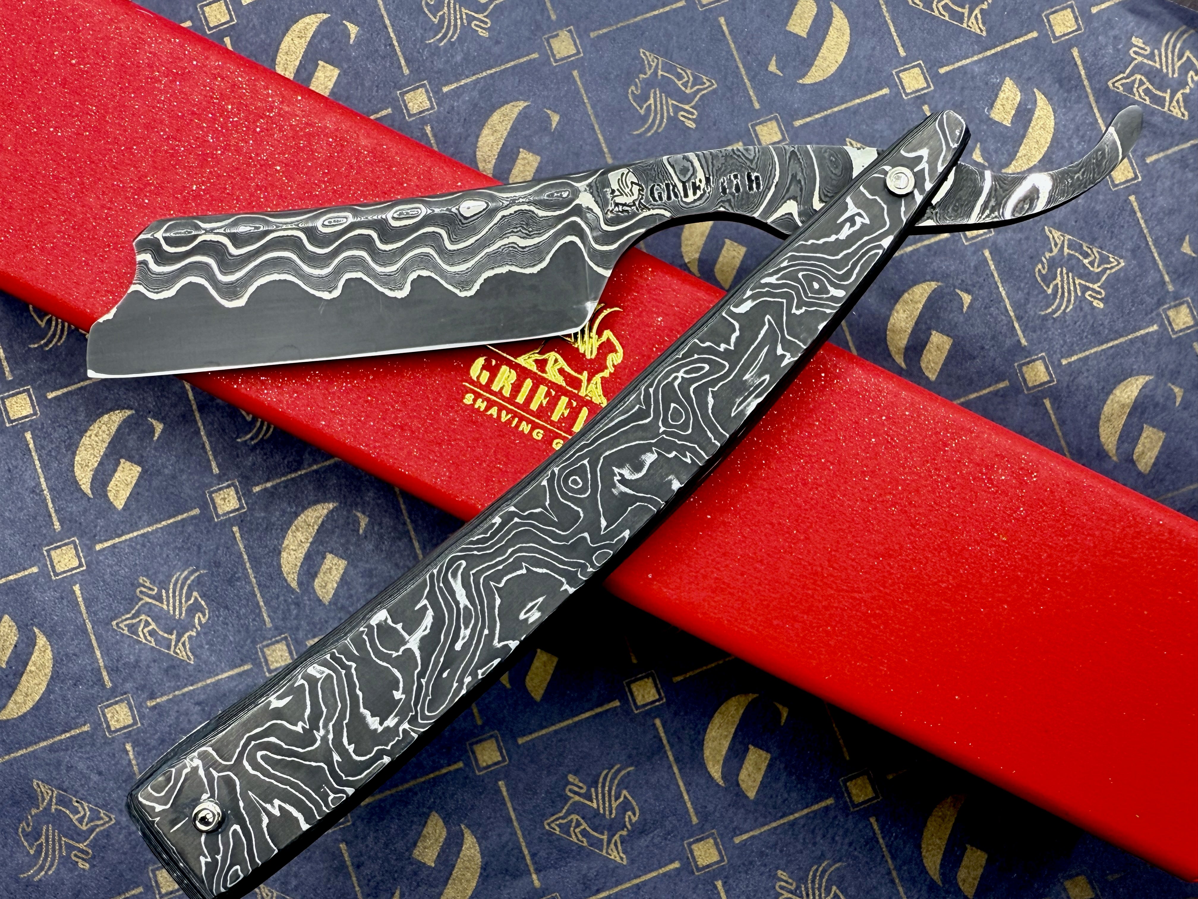 Griffith 13/16 Nickel & Steel Damascus San Mai Quarter Hollow - Carbon Scales Artisan Straight Razor