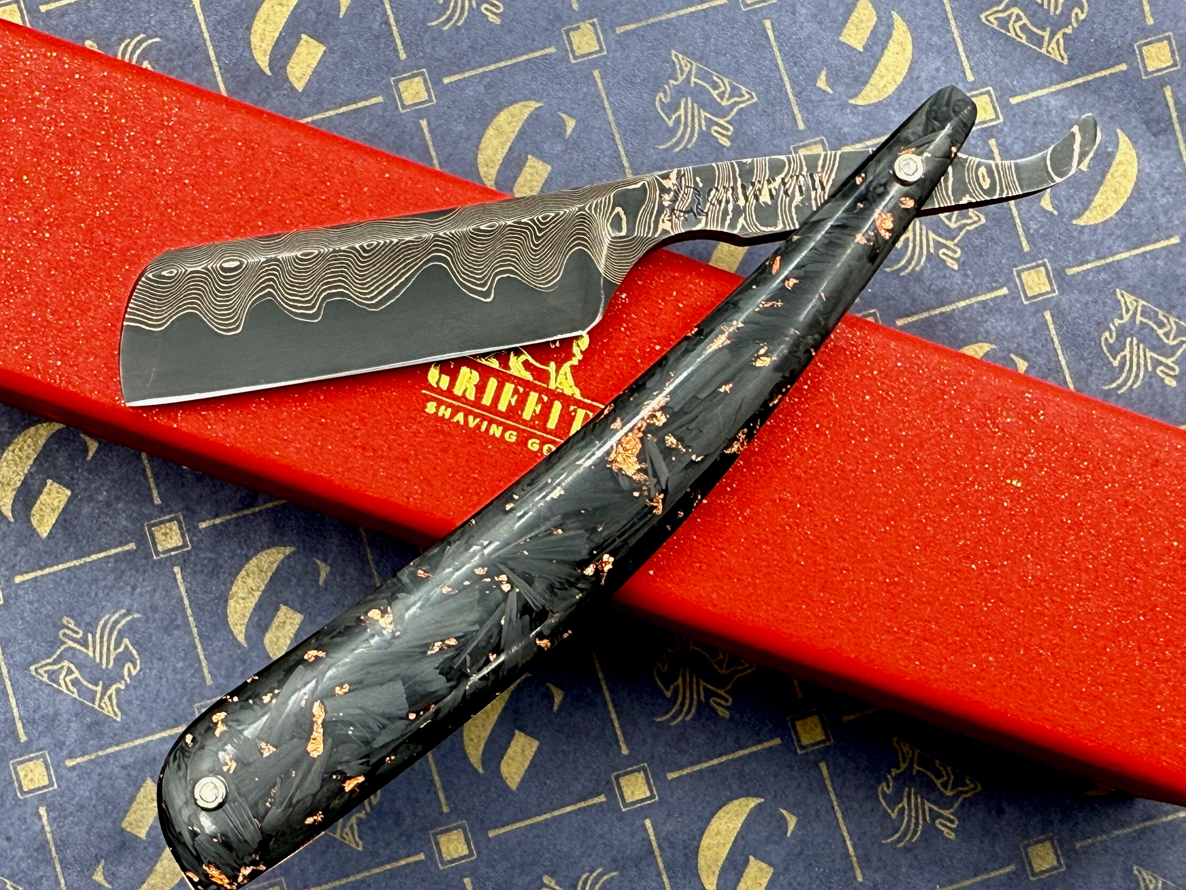 Griffith 13/16 Copper & Bronze Damascus San Mai Quarter Hollow - Carbon Fiber Scales Artisan Straight Razor