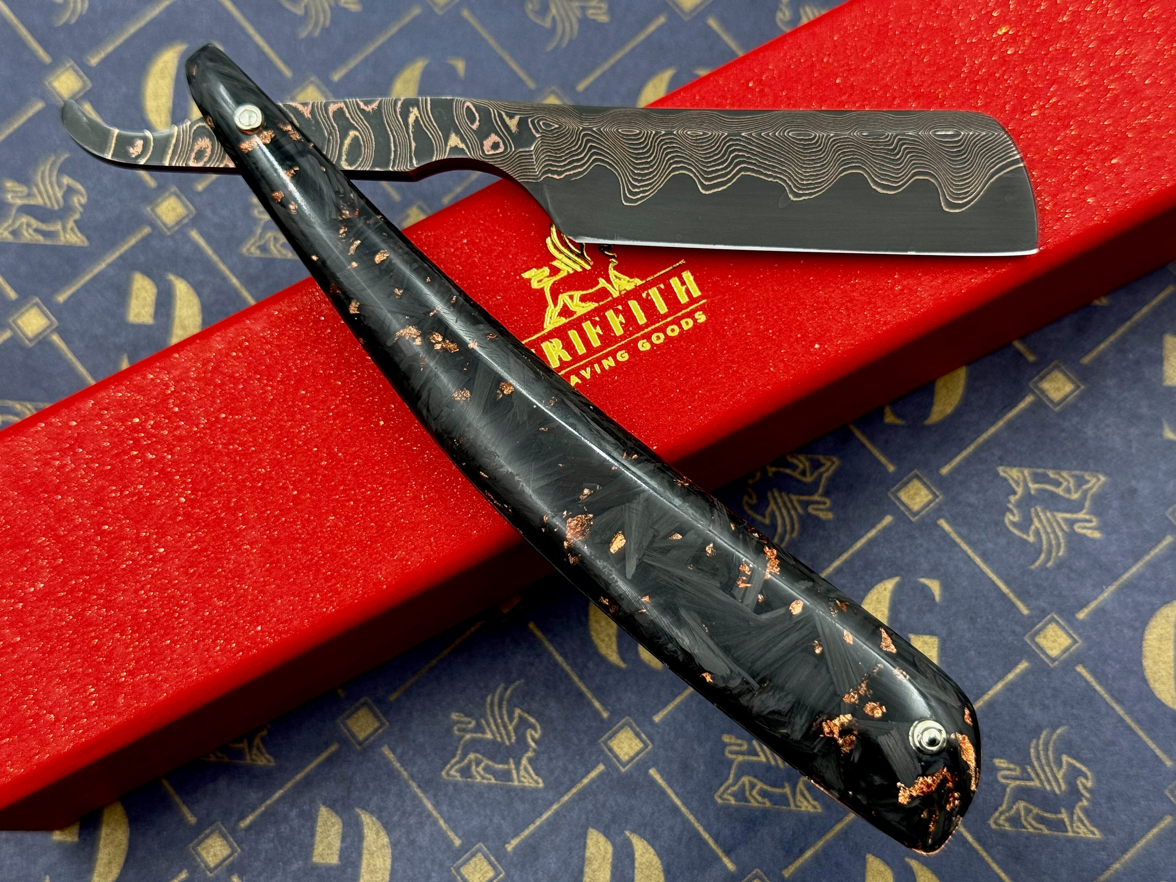 Griffith 13/16 Copper & Bronze Damascus San Mai Quarter Hollow - Carbon Fiber Scales Artisan Straight Razor