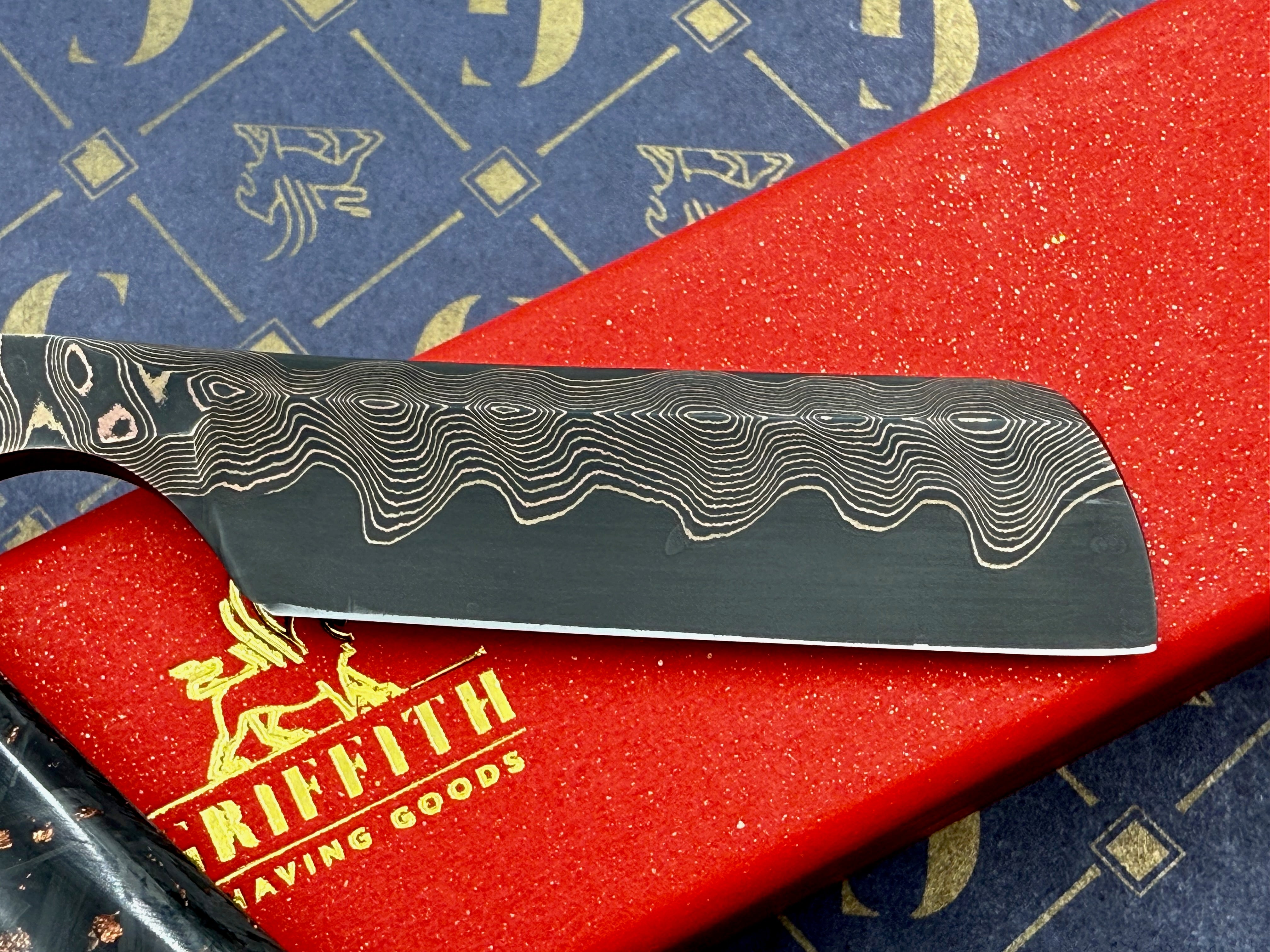 Griffith 13/16 Copper & Bronze Damascus San Mai Quarter Hollow - Carbon Fiber Scales Artisan Straight Razor