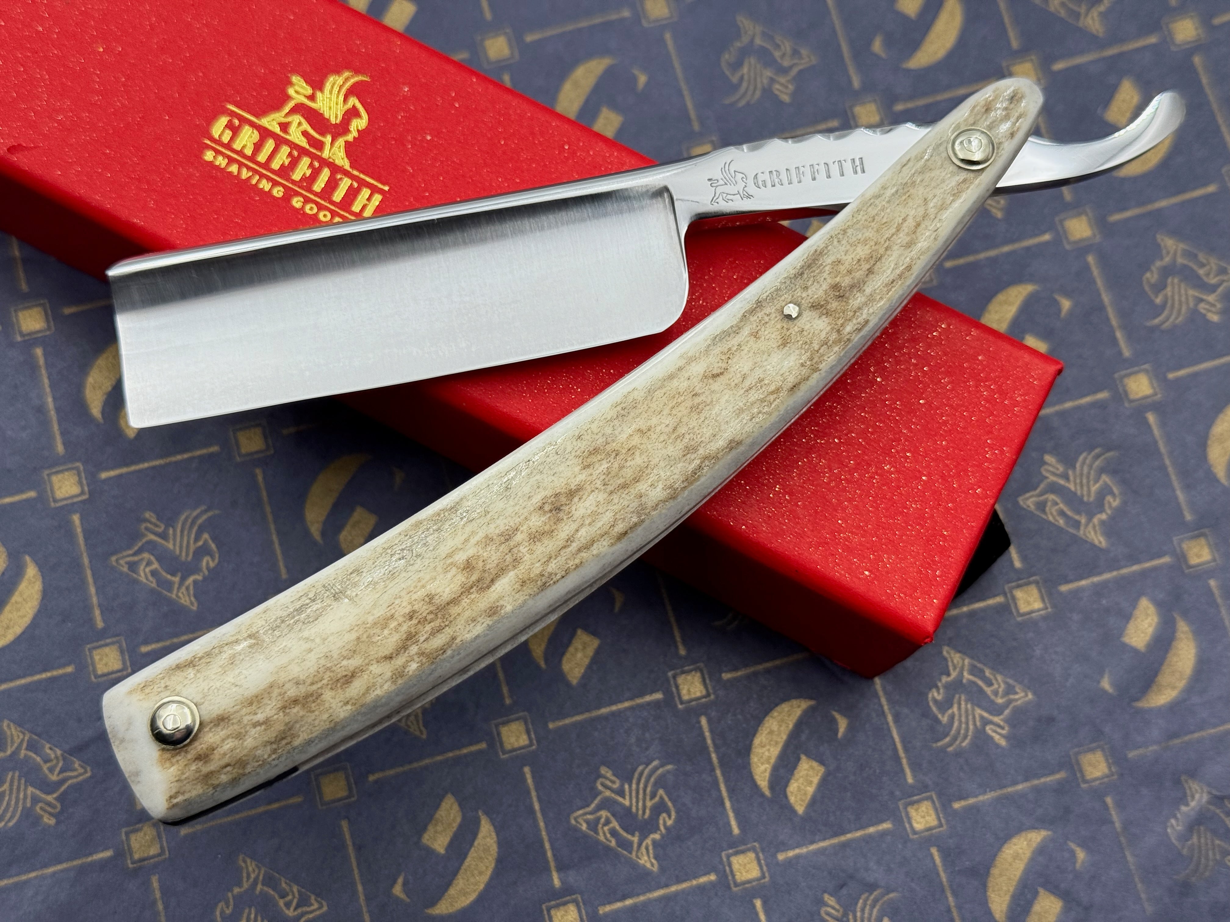 Griffith 15/16 Stainless Steel Full Hollow Blade - Elk Antler Scales Artisan Straight Razor