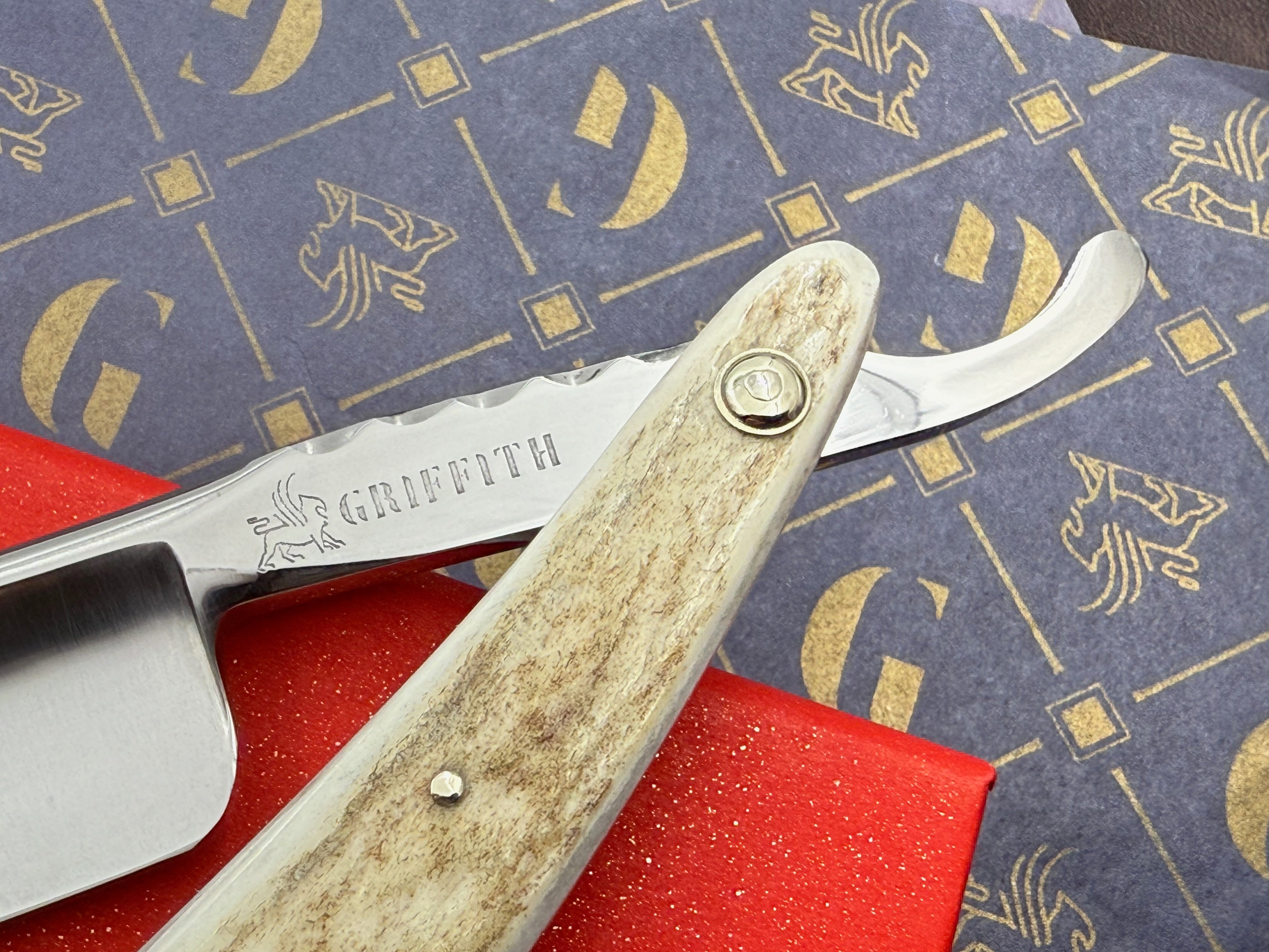 Griffith 15/16 Stainless Steel Full Hollow Blade - Elk Antler Scales Artisan Straight Razor