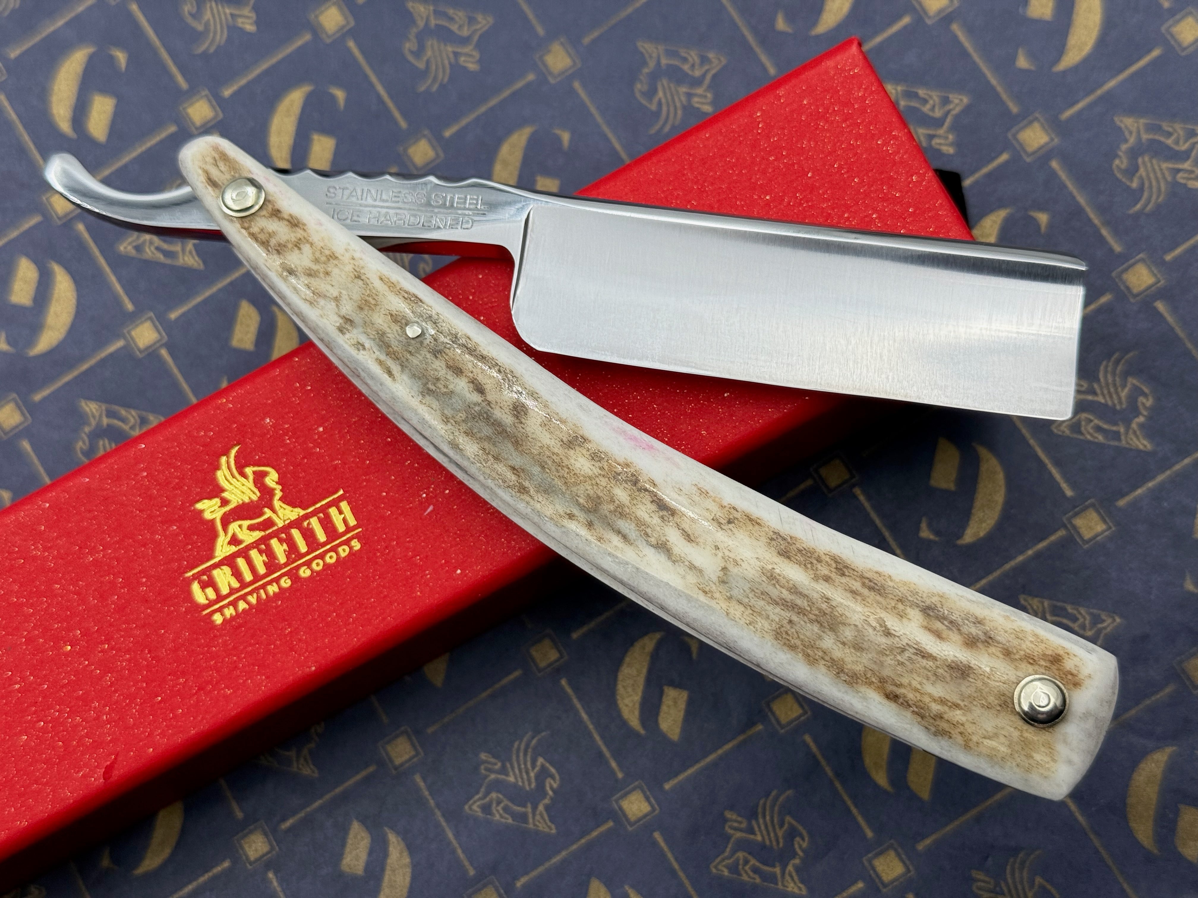 Griffith 15/16 Stainless Steel Full Hollow Blade - Elk Antler Scales Artisan Straight Razor