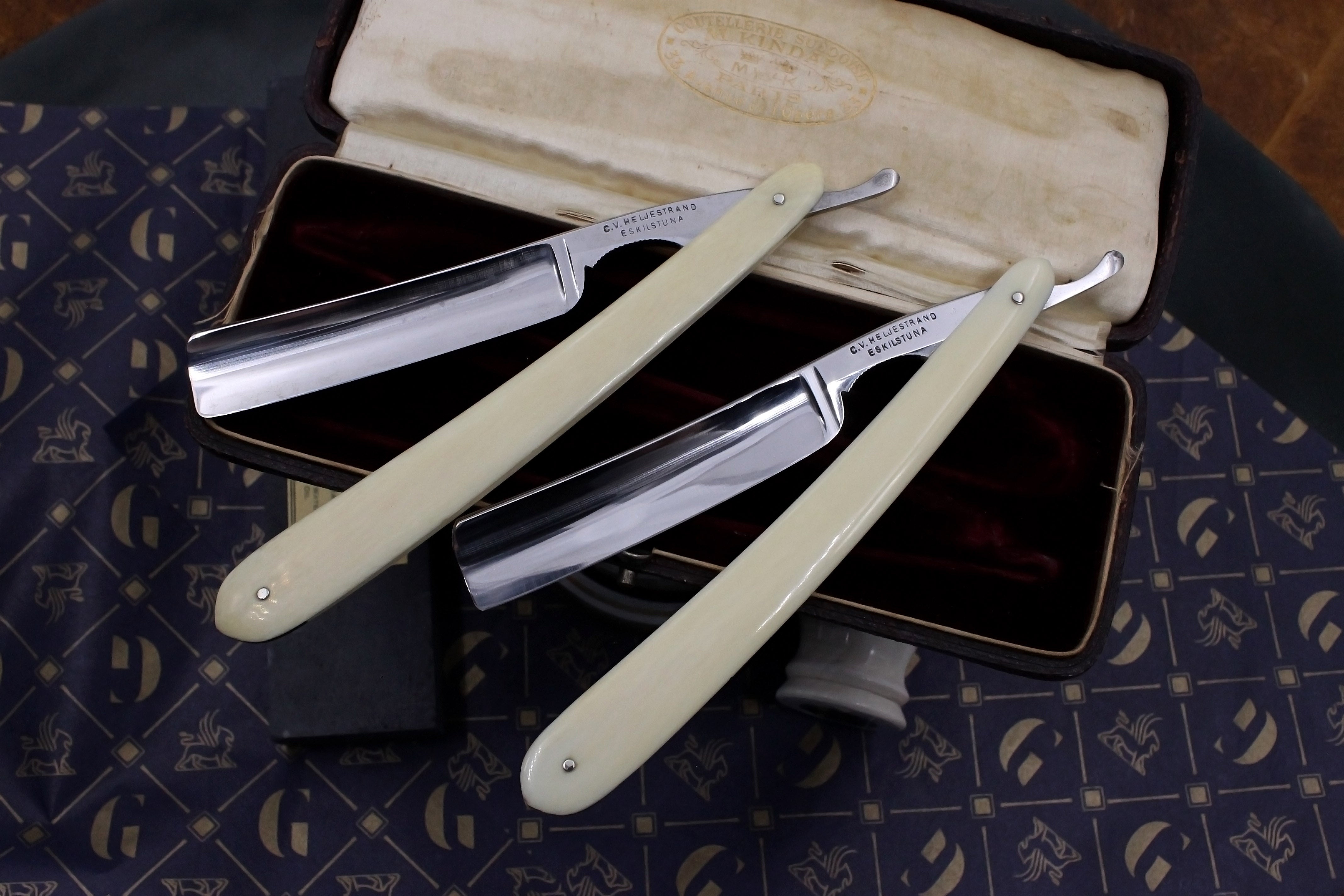 C.V. Heljestrand MK No.31 Cased Pair - Excellent Vintage Ivory Scaled Eskilstuna Sweden Straight Razors - Shave Ready