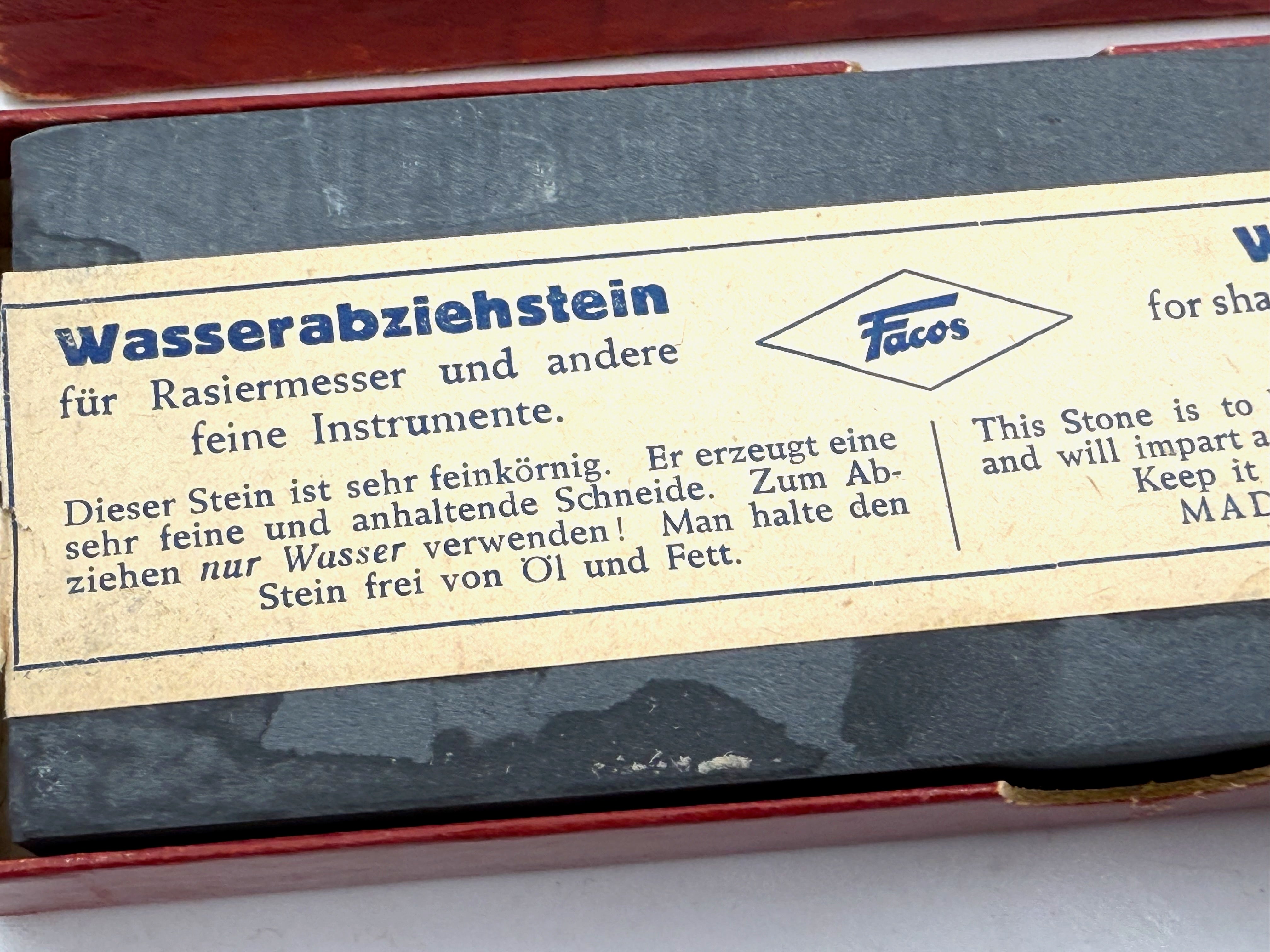 Facos Water Razor Hone - Vintage Boxed Blue Thuringian Water Razor Hone