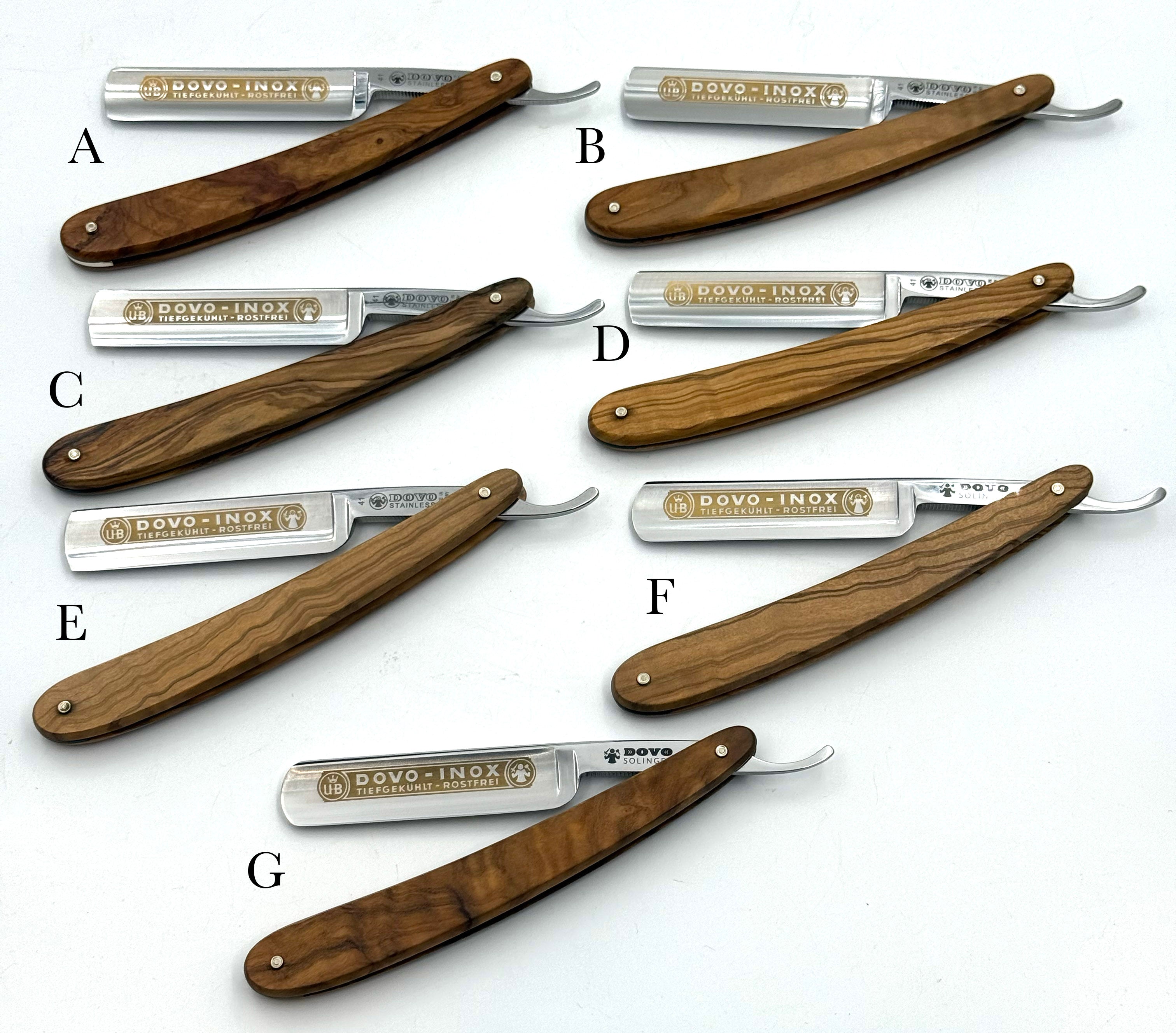 GSG Renewed "Dovo Inox" Olive Wood Handle 5/8 Etched Full Hollow Solingen Stainless Straight Razors (CHOOSE YOUR RAZOR)