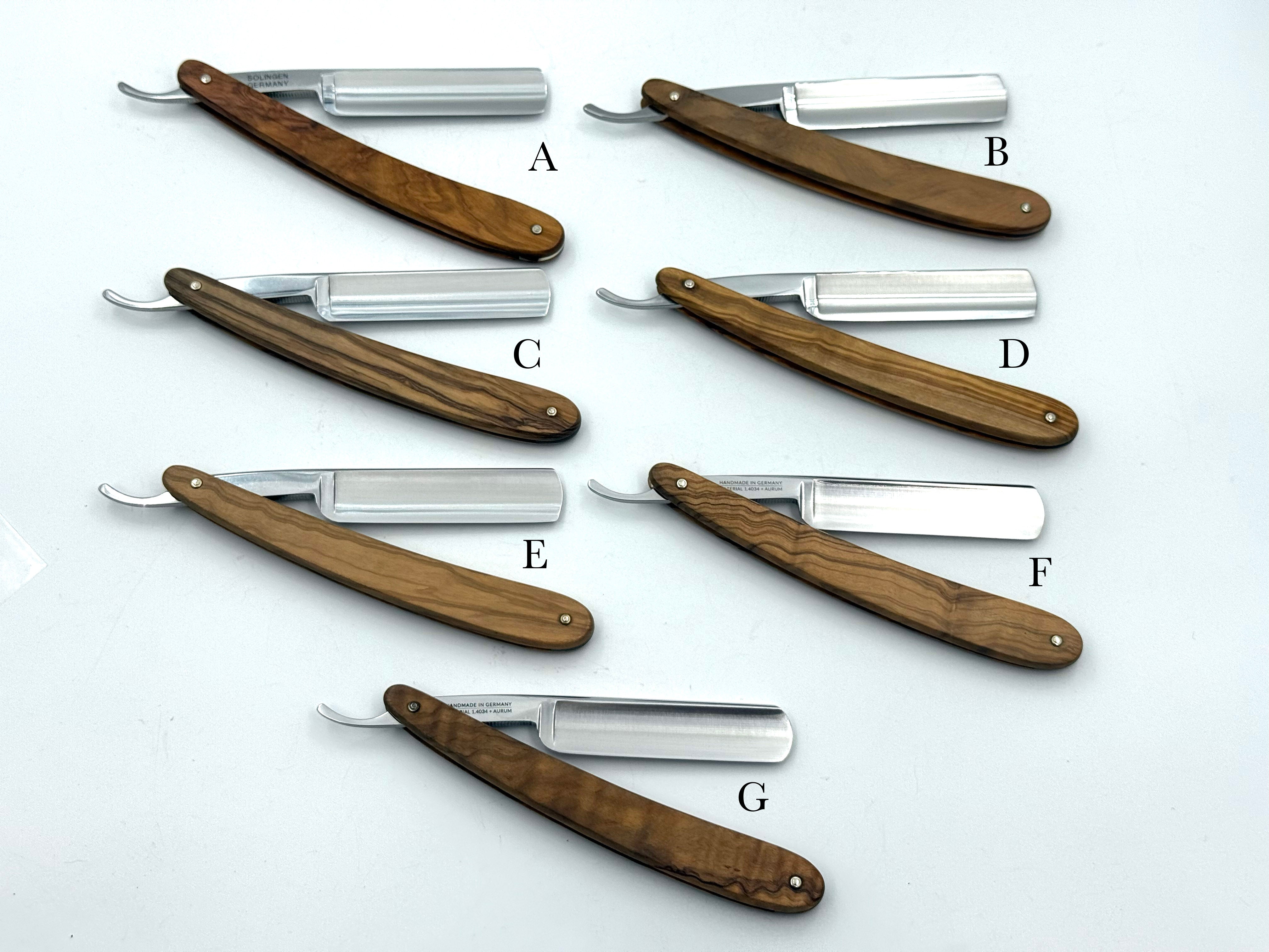 GSG Renewed "Dovo Inox" Olive Wood Handle 5/8 Etched Full Hollow Solingen Stainless Straight Razors (CHOOSE YOUR RAZOR)