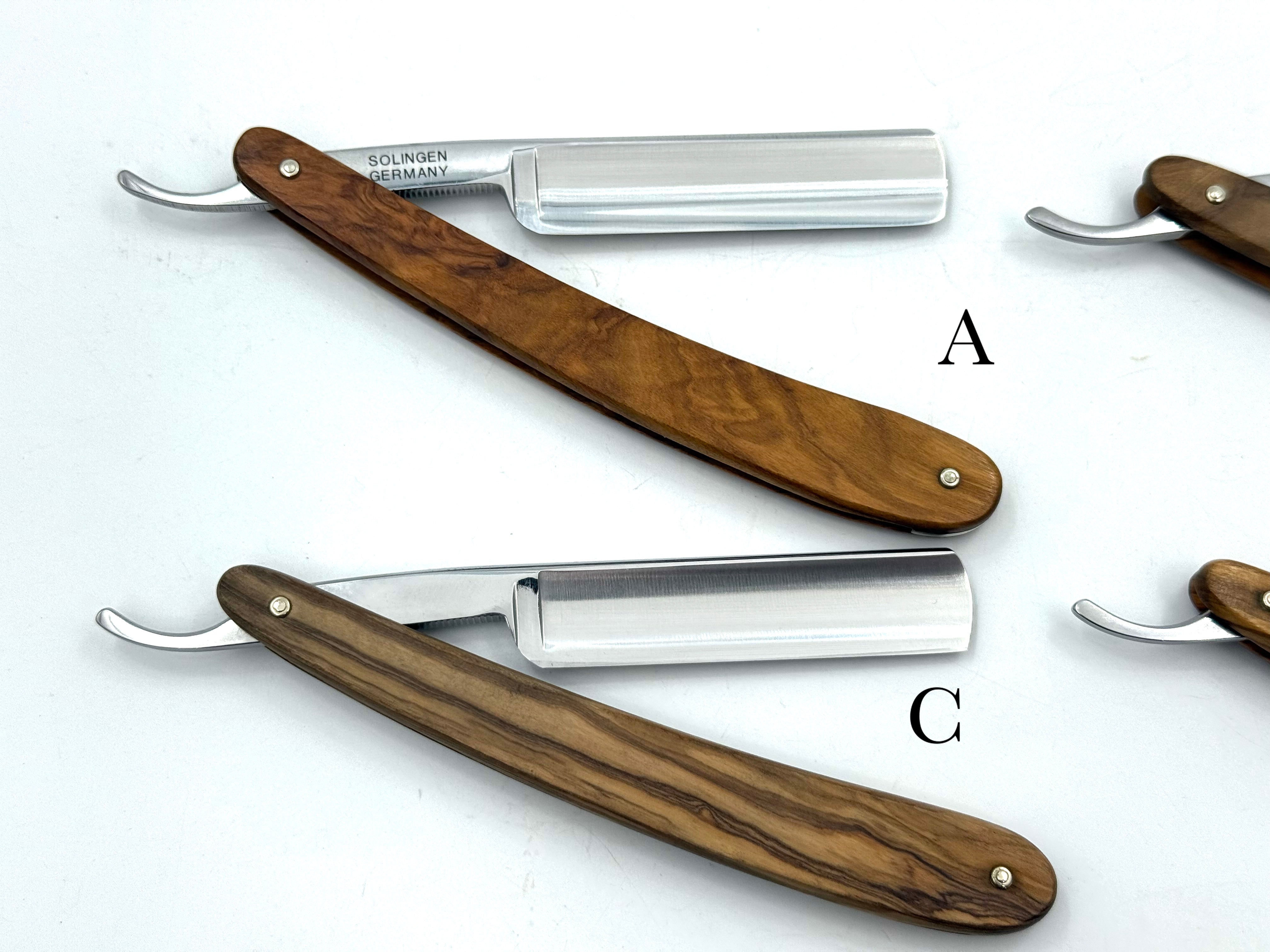 GSG Renewed "Dovo Inox" Olive Wood Handle 5/8 Etched Full Hollow Solingen Stainless Straight Razors (CHOOSE YOUR RAZOR)