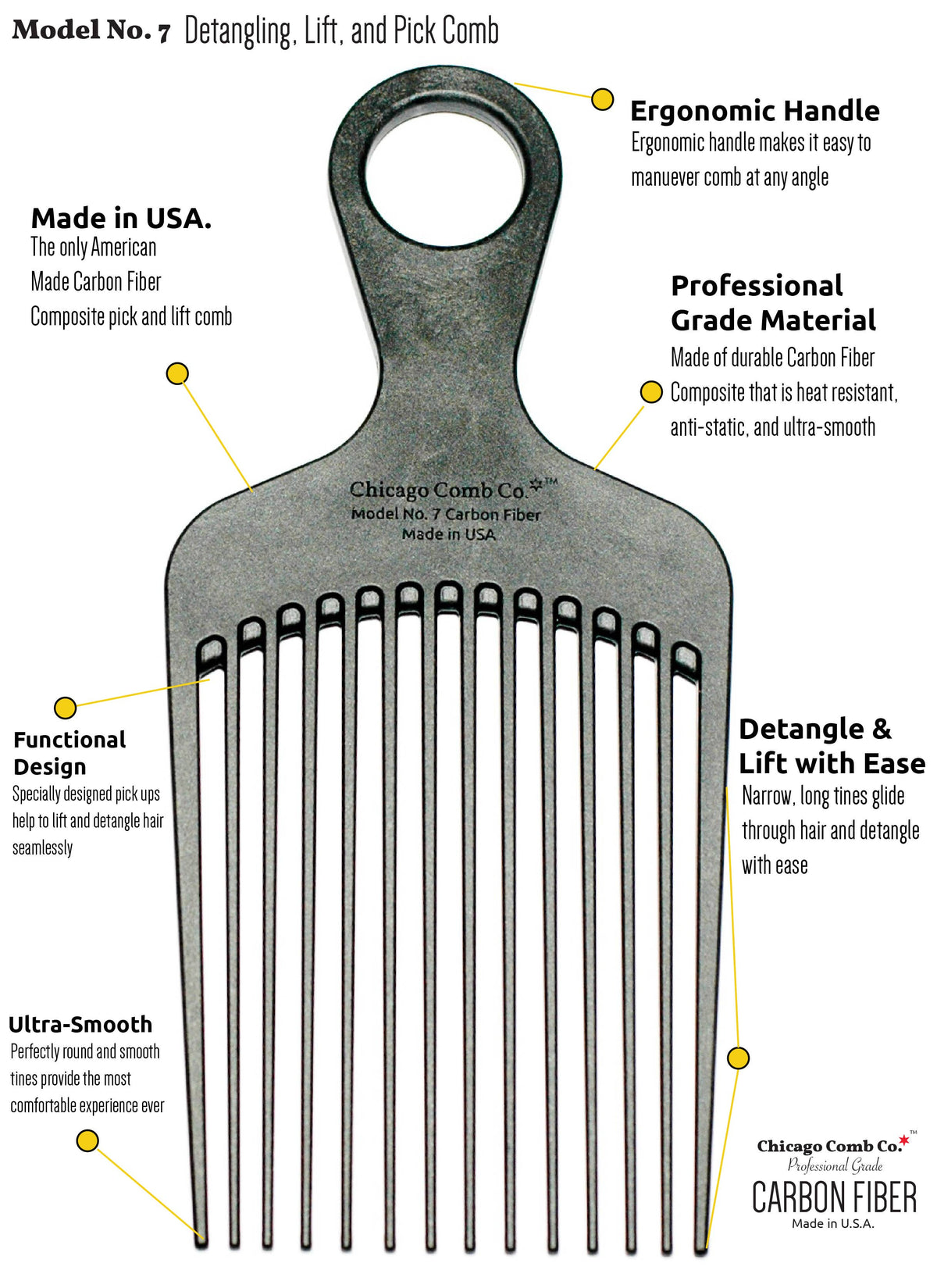Chicago Comb Co. - Model No. 7 Carbon Fiber Pick Comb