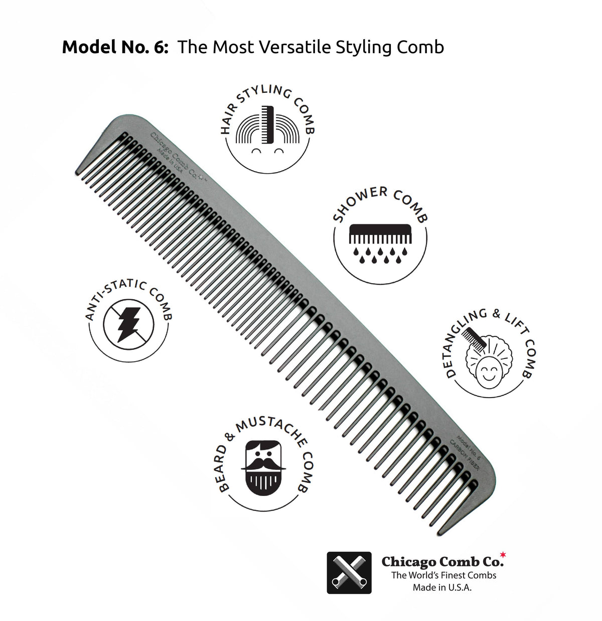 Chicago Comb Co. - Model No. 6 Carbon Fiber Comb