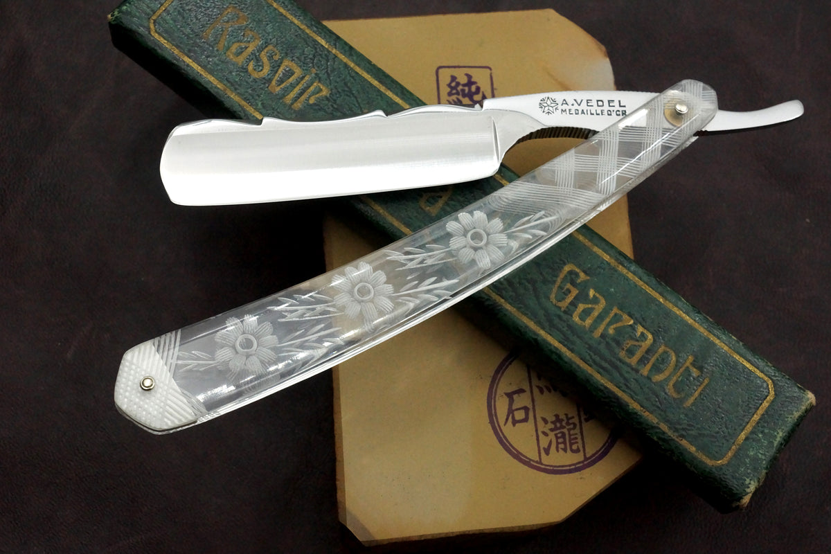 A. Vedel - Excellent ++ 6/8 Full Hollow Blade Rare Engraved Scales - Vintage French Straight Razor - Shave Ready