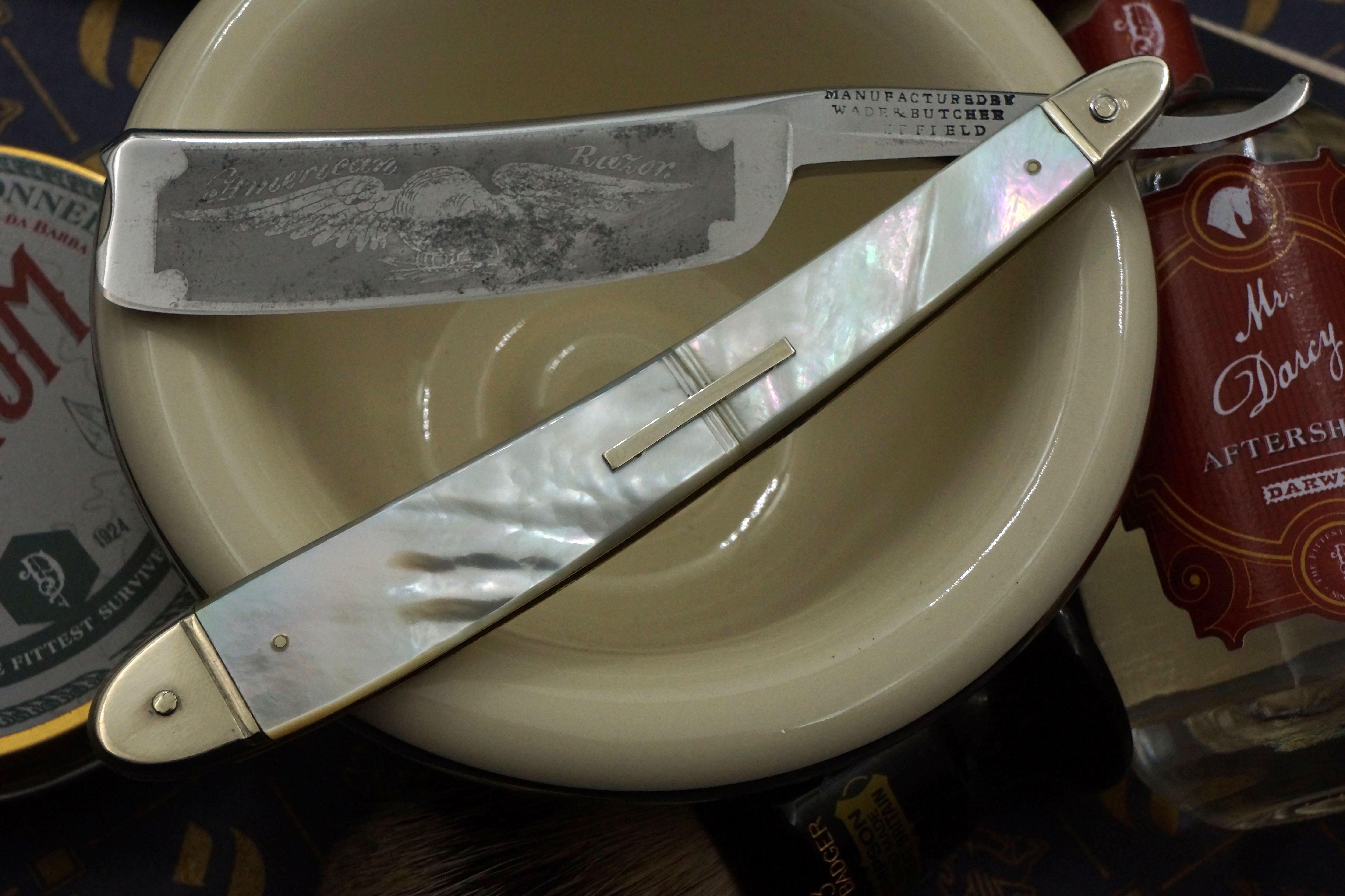 Wade & Butcher "American Razor" 7/8 - Patriotic Eagle Etch Fully Restored Mother of Pearl Scaled Sheffield Straight Razor - Shave Ready