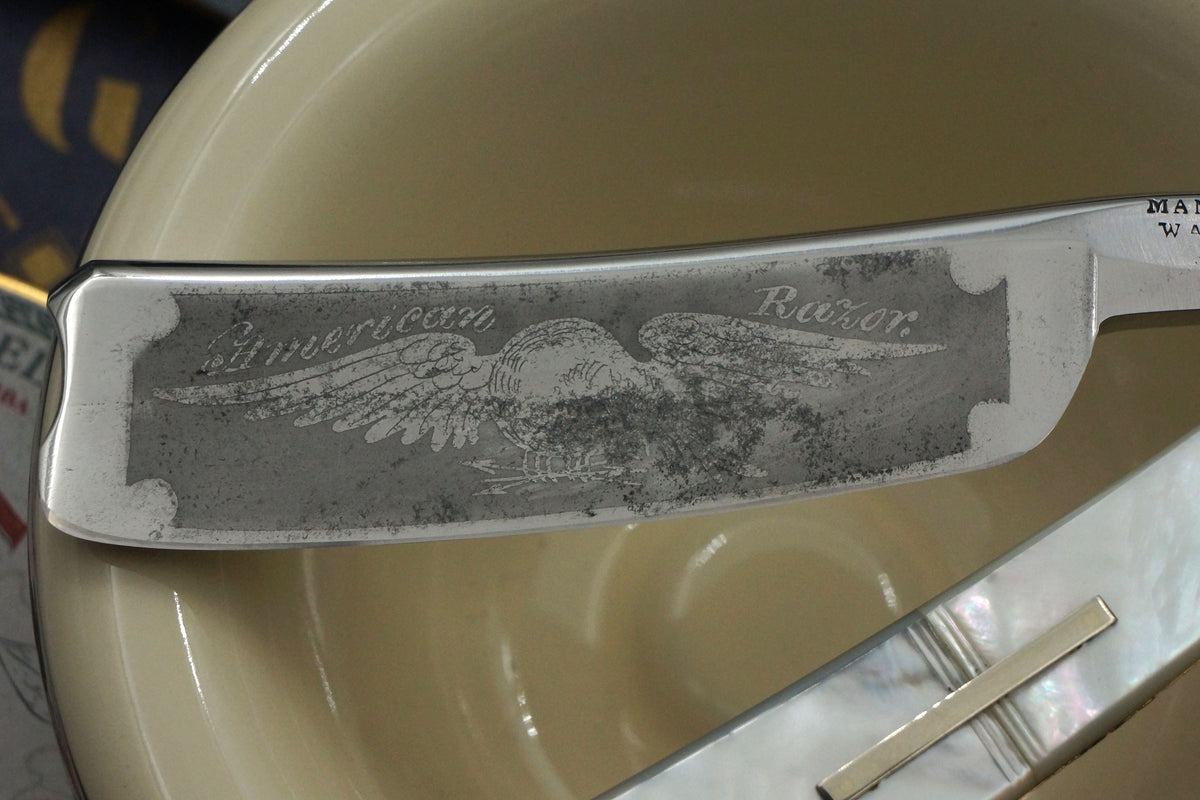 Wade & Butcher "American Razor" 7/8 - Patriotic Eagle Etch Fully Restored Mother of Pearl Scaled Sheffield Straight Razor - Shave Ready