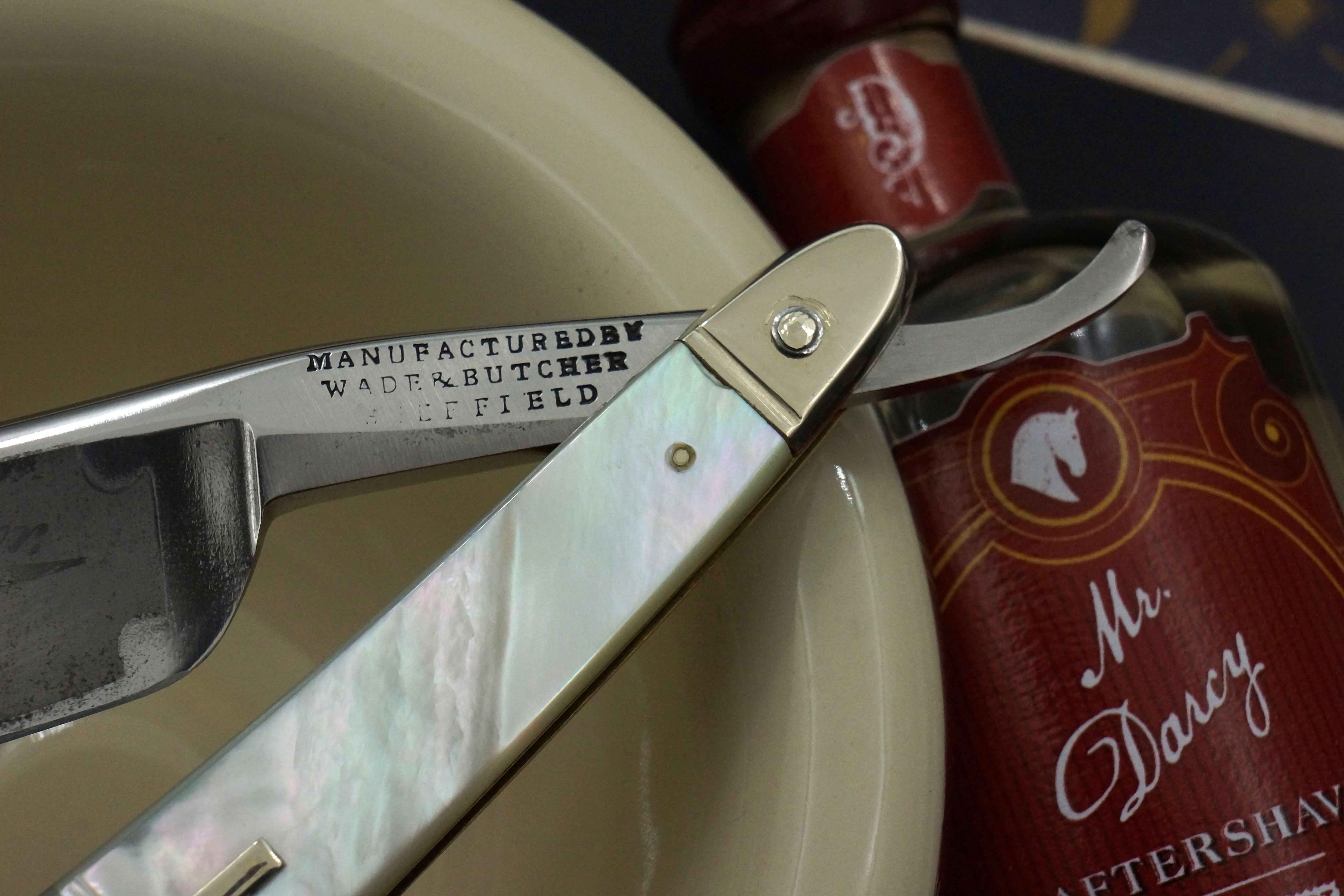 Wade & Butcher "American Razor" 7/8 - Patriotic Eagle Etch Fully Restored Mother of Pearl Scaled Sheffield Straight Razor - Shave Ready