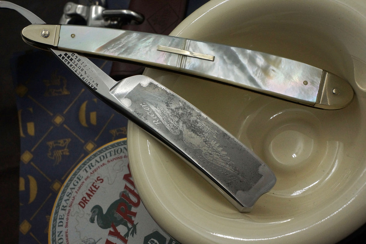 Wade & Butcher "American Razor" 7/8 - Patriotic Eagle Etch Fully Restored Mother of Pearl Scaled Sheffield Straight Razor - Shave Ready