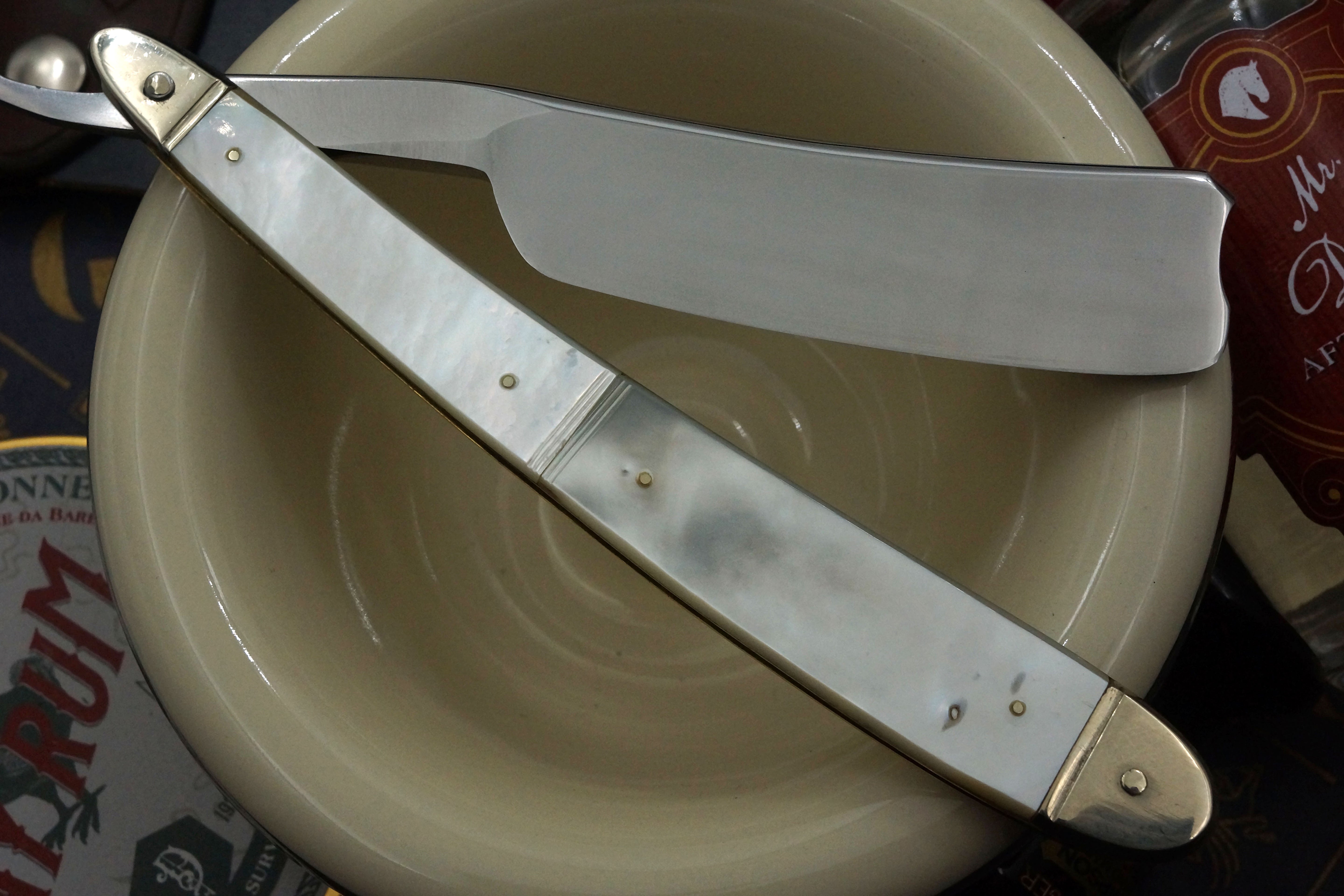 Wade & Butcher "American Razor" 7/8 - Patriotic Eagle Etch Fully Restored Mother of Pearl Scaled Sheffield Straight Razor - Shave Ready