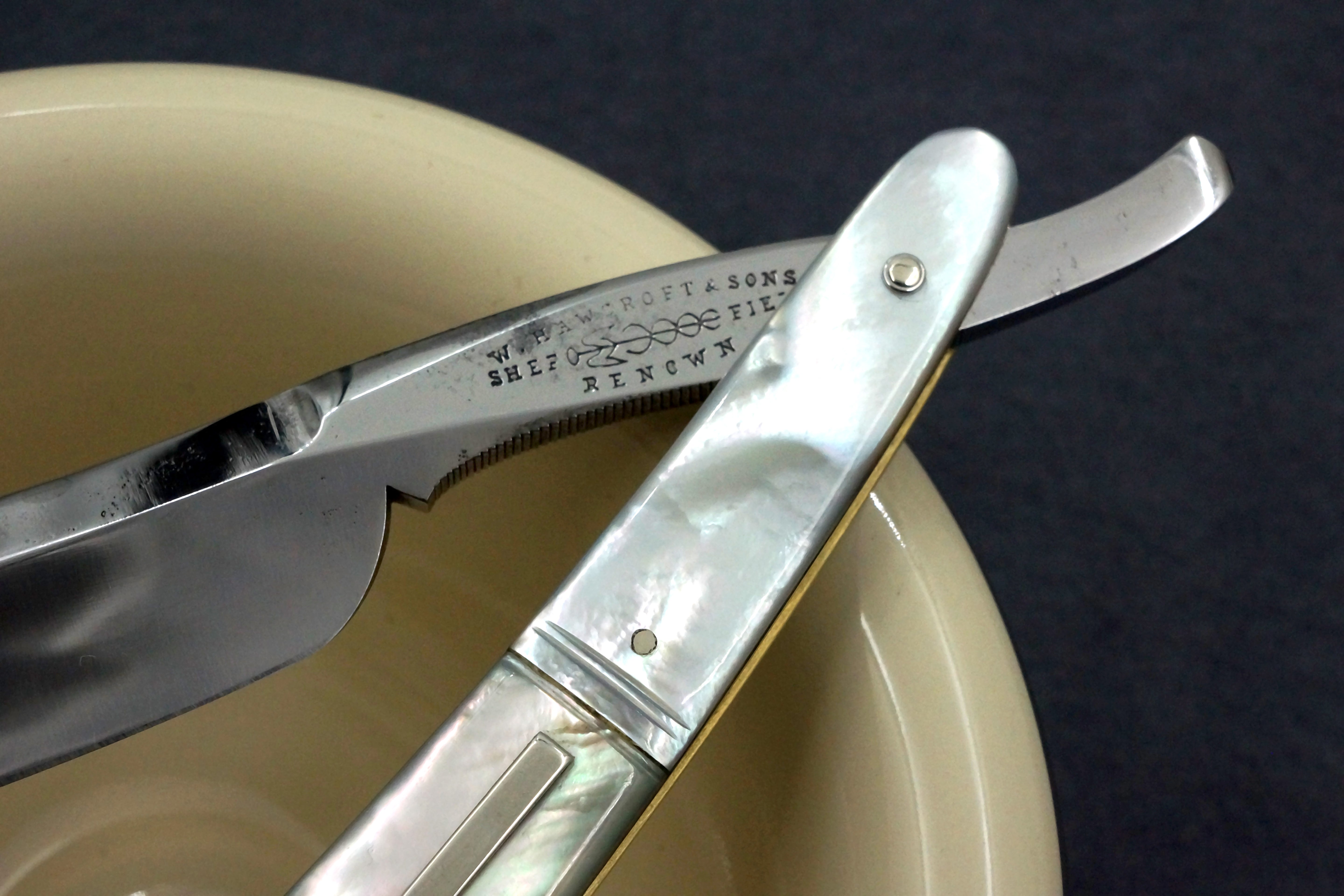 Hawcroft & Sons 6/8 - Fancy Grind Fully Restored Mother of Pearl Scaled Sheffield Straight Razor - Shave Ready