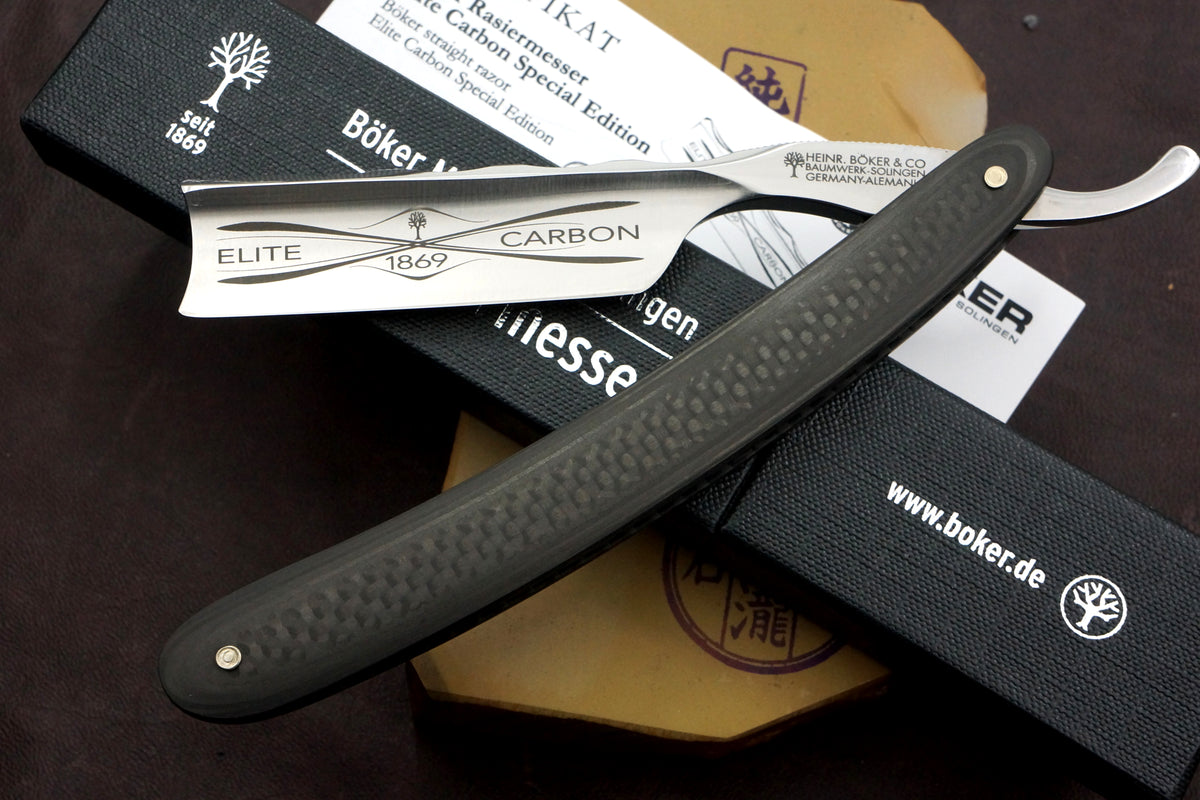 Boker "Elite Carbon Special Edition" 6/8 Full Hollow Blade with Carbon Fiber Scales - Mint Preowned Solingen Straight Razor - Shave Ready
