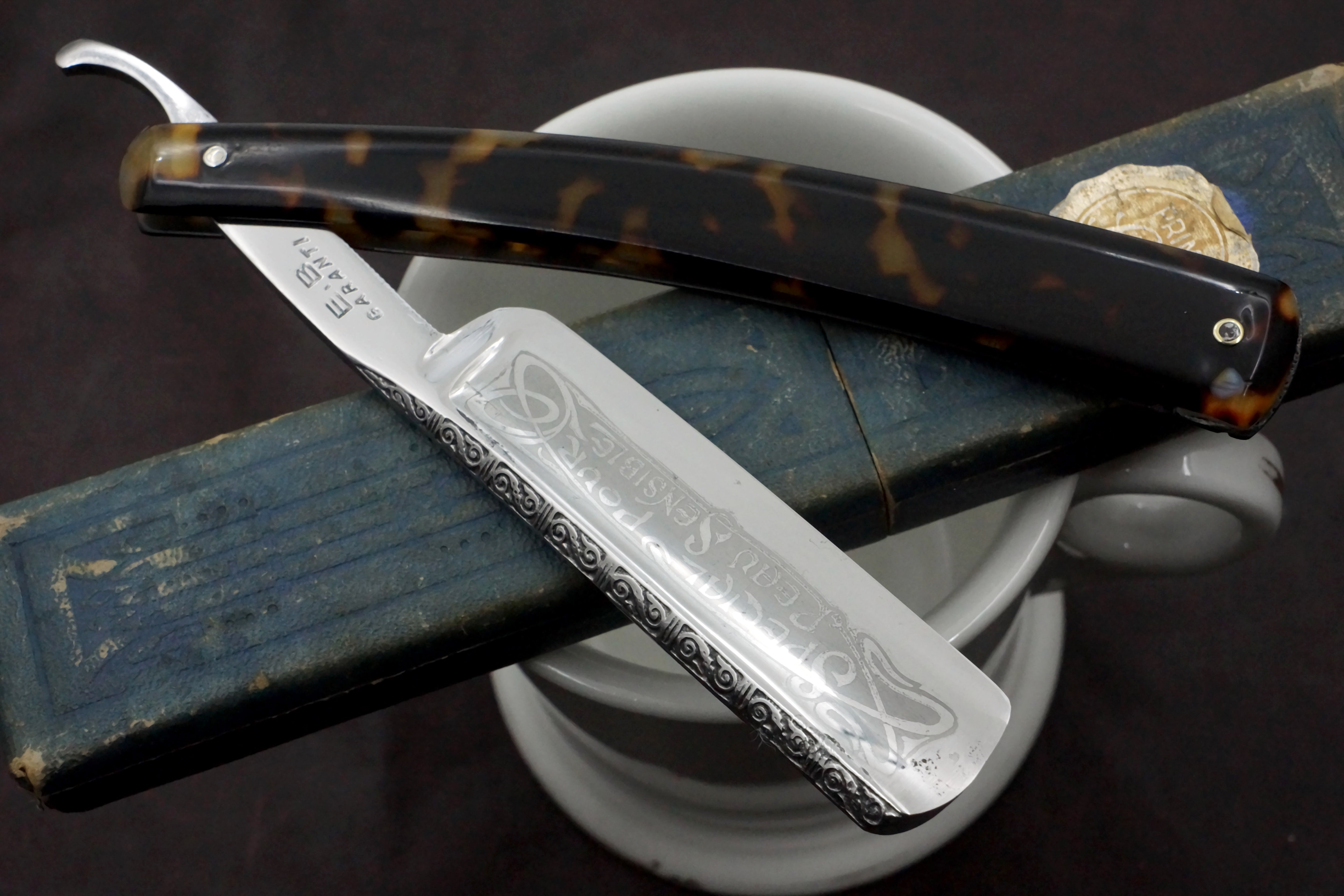 E.B. Garanti Full Hollow 13/16 Etched Blade - Excellent Restored Vintage French Straight Razor - Shave Ready
