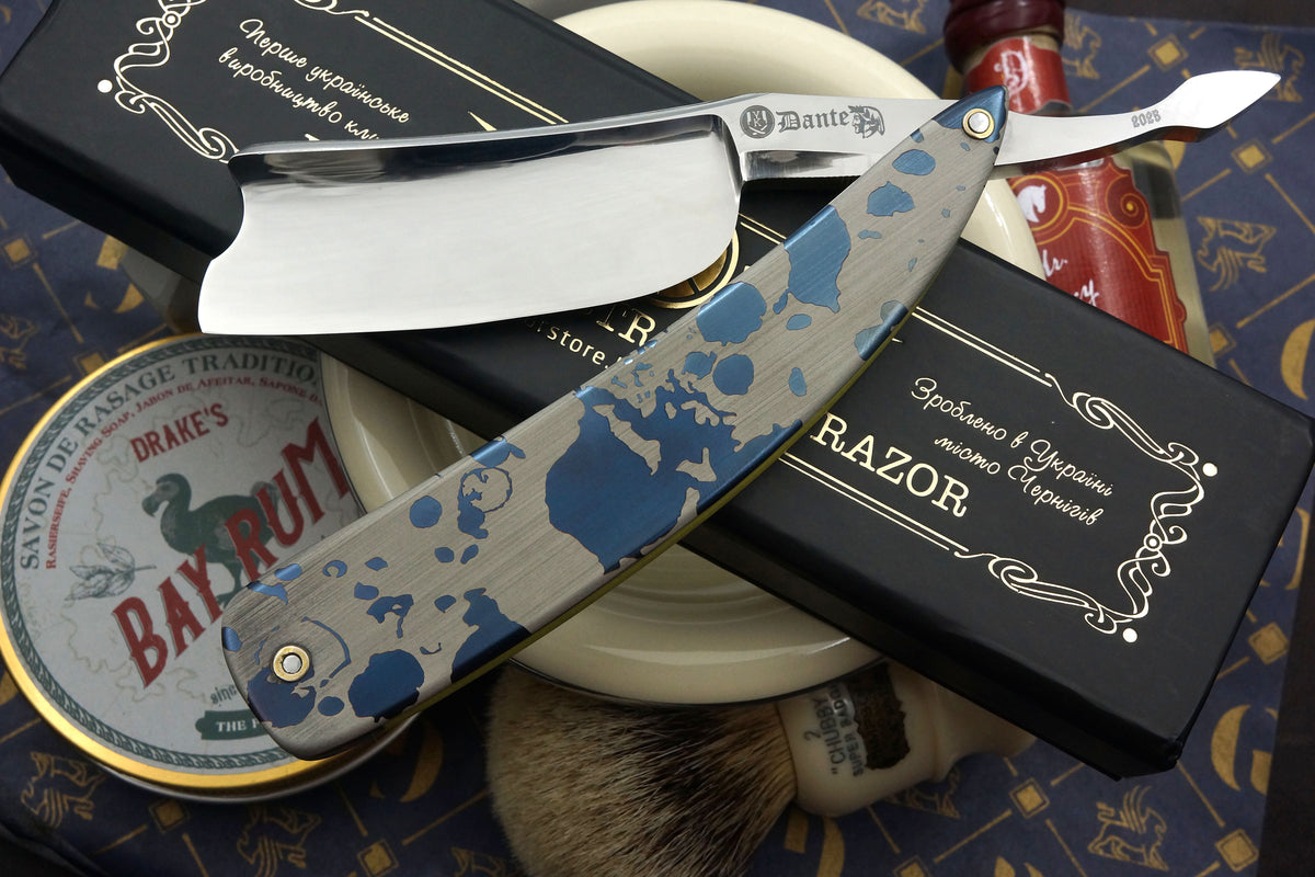 Art Razor Dante 10/8 Quarter Hollow Blade - Preowned Custom Straight Razor with Etched Metal Scales - Shave Ready