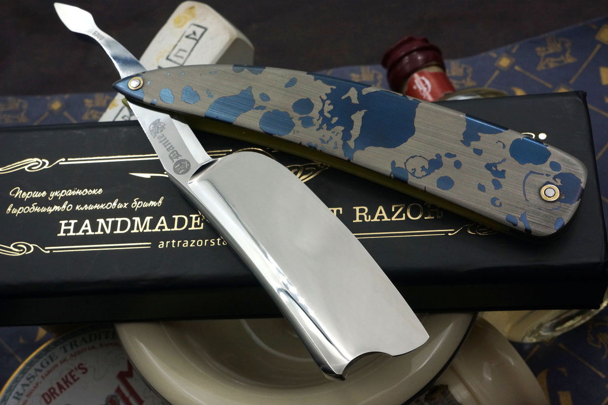 Art Razor Dante 10/8 Quarter Hollow Blade - Preowned Custom Straight Razor with Etched Metal Scales - Shave Ready